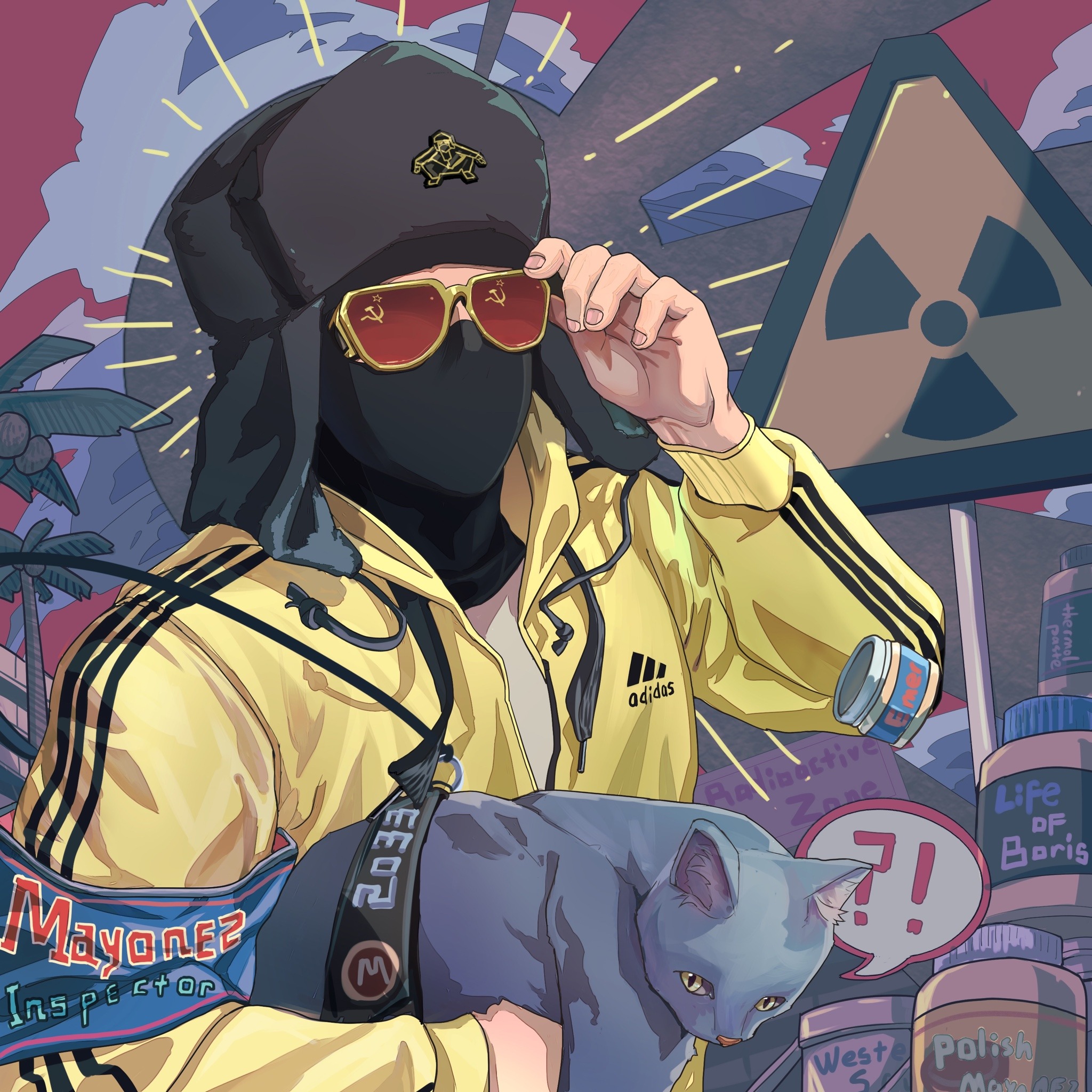 adidas, life of boris, commentary, english commentary, highres, !?, 1boy, 2023, adjusting eyewear, animal, armband, artyom (life of boris), balaclava, black mask, blue armband, boris (life of boris), cat, cloud, copyright logo, english text, gopnik, hand on eyewear, hat, holding, holding animal, holding cat, hood, hood down, hooded jacket, jacket, jar, logo, looking ahead, male focus, mayonnaise, open clothes, open jacket, palm tree, portrait, print eyewear, radiation symbol, red sky, shirt, sign, sky, slav squatting, solo, soviet flag print, speech bubble, spoken interrobang, squatting, sunglasses, track suit, tree, triple vertical stripe, ushanka, white shirt, xanthusasaka, yellow-framed eyewear, yellow jacket, yellow track suit