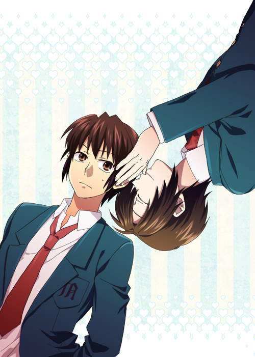 ikuhashi muiko, koizumi itsuki, kyon, suzumiya haruhi no yuuutsu, 00s, 2boys, brown eyes, brown hair, closed eyes, collared shirt, male focus, multiple boys, school uniform, shirt, upside-down