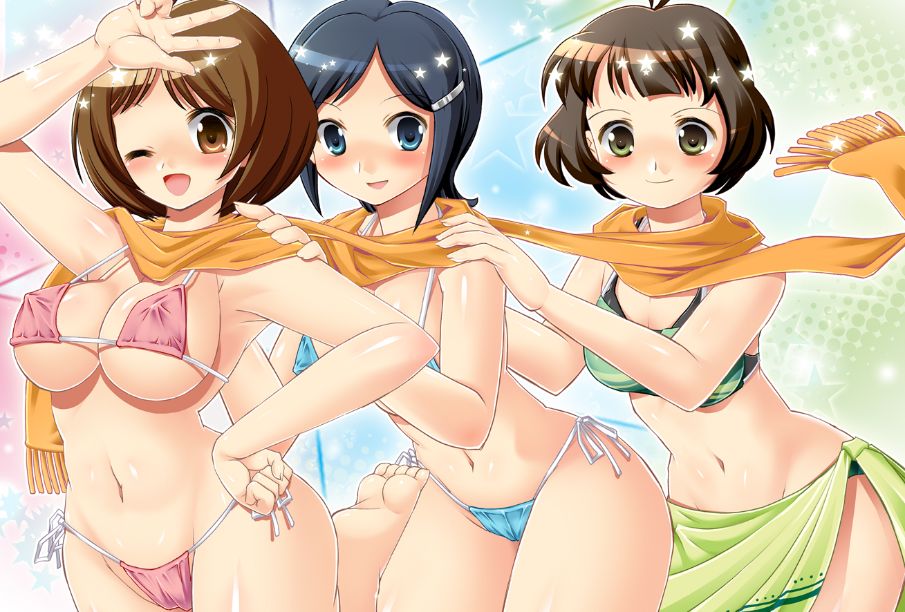 zouzou, akizuki ryo, hidaka ai, mizutani eri, idolmaster, idolmaster dearly stars, 00s, 2girls, barefoot, bikini, blue eyes, blue hair, blush, breasts, brown hair, covered erect nipples, crossdressing, crossdressing (ftm), hand on own hip, hip focus, large breasts, multiple girls, navel, one eye closed, open mouth, scarf, smile, swimsuit, trap, v, wink