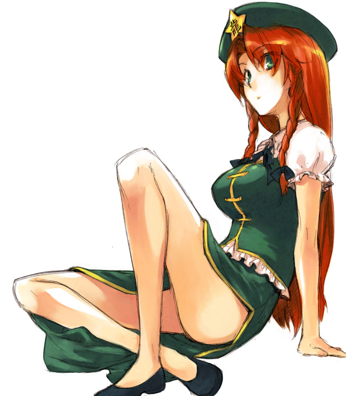 akr et, hong meiling, embodiment of scarlet devil, touhou, bad id, bad pixiv id, 1girl, braid, breasts, china dress, chinese clothes, dress, female focus, green eyes, hat, long hair, red hair, simple background, solo, twin braids, white background