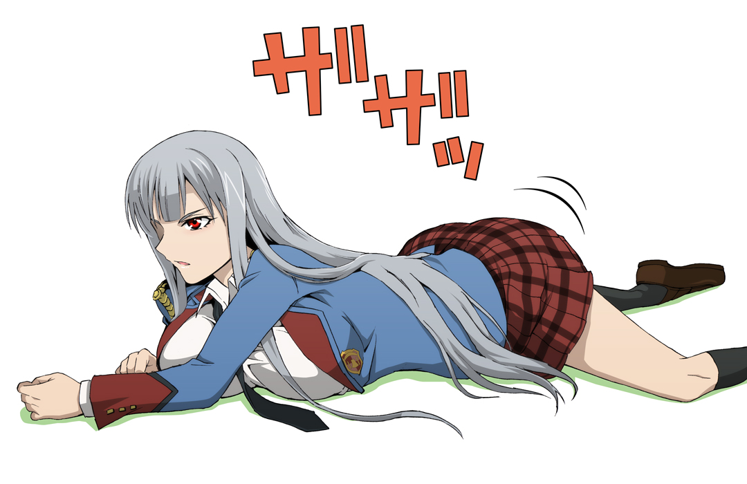 taguchi kenji (omaep), selvaria bles, senjou no valkyria, senjou no valkyria (series), senjou no valkyria 1, senjou no valkyria 2, silver hair, 00s, 1girl, breasts, crawling, female focus, large breasts, long hair, lying, necktie, on stomach, plaid clothes, plaid skirt, red eyes, rubbing, school uniform, skirt, solo