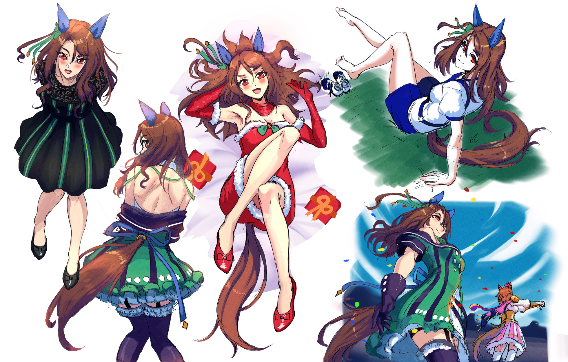 haonfest, king halo (king of emeralds) (umamusume), king halo (umamusume), t.m. opera o (o sole suo!) (umamusume), t.m. opera o (umamusume), umamusume, highres, 2girls, animal ears, brown hair, christmas, dress, ear covers, elbow gloves, fur-trimmed dress, fur trim, gloves, horse ears, horse girl, horse tail, long hair, looking at viewer, lying, multiple girls, on grass, red dress, red eyes, red gloves, smile, tail