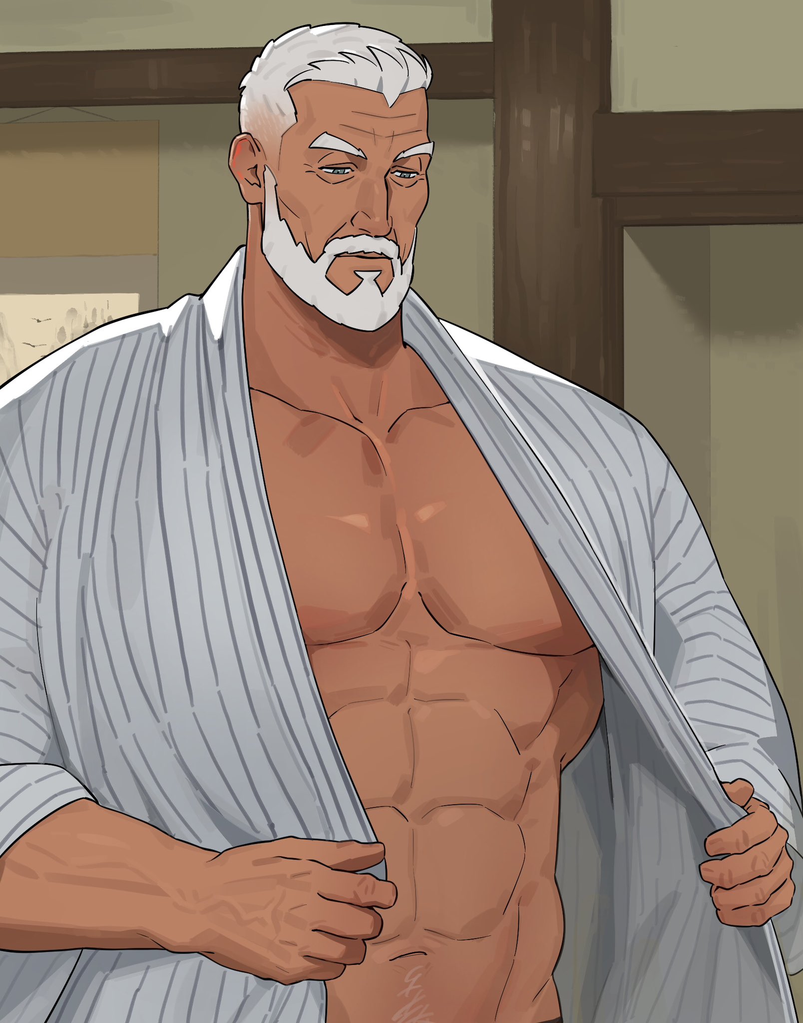 sa1k0p, original, highres, 1boy, abs, bara, beard, blue eyes, facial hair, flower, full beard, indoors, looking down, male focus, mature male, muscular, muscular male, old, old man, open clothes, open robe, robe, rose, short hair, solo, striped clothes, striped robe, undressing, upper body, white flower, white hair, white rose