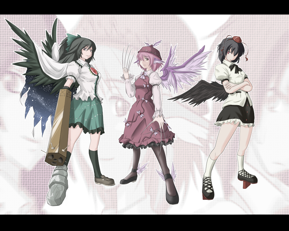 ao usagi, mystia lorelei, reiuji utsuho, shameimaru aya, touhou, 3girls, animal ears, black hair, black wings, bow, claws, female focus, fingernails, geta, hair bow, hat, letterboxed, long fingernails, long hair, low wings, multiple girls, nail (hardware), pink hair, red eyes, short hair, tengu-geta, tokin hat, wings, zoom layer