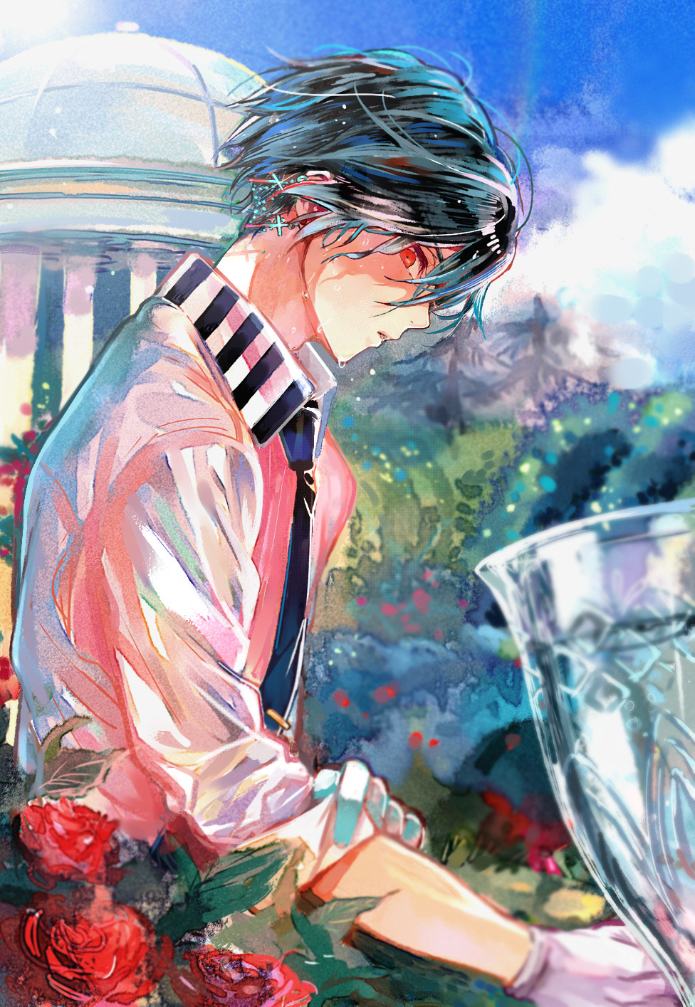 akuma shitsuji to kuroi neko, commentary request, highres, 1boy, aqua hair, black hair, black necktie, blue flower, blue sky, bush, cloud, cloudy sky, coat, collared shirt, earrings, empty eyes, expressionless, flower, from side, garden, gazebo, glass, gloves, hand on own arm, haures clifford, jewelry, long sleeves, looking at viewer, looking to the side, male focus, mountainous horizon, multicolored hair, necktie, no coat, nonoko (meg36544), outdoors, parted lips, rainbow, red eyes, red flower, rolling sleeves up, rose bush, shaded face, shirt, short hair, sky, solo, striped coat, summer, sweat, three-quarter sleeves, tie clip, two-tone hair, upper body, vertical-striped collar, water, white gloves, white shirt, wind, wing collar