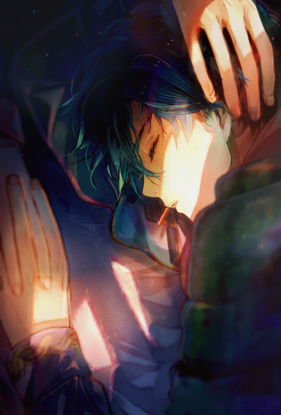 akuma shitsuji to kuroi neko, highres, 1boy, 1girl, aqua hair, bed sheet, black shirt, closed eyes, crack of light, earrings, female pov, from above, from side, hair between eyes, hand on another's head, haures clifford, holding hands, interlocked fingers, jewelry, long sleeves, male focus, master (akuma shitsuji to kuroi neko), nonoko (meg36544), parted lips, pillow, pov, shirt, short hair, sleeping, solo focus, upper body, window shadow