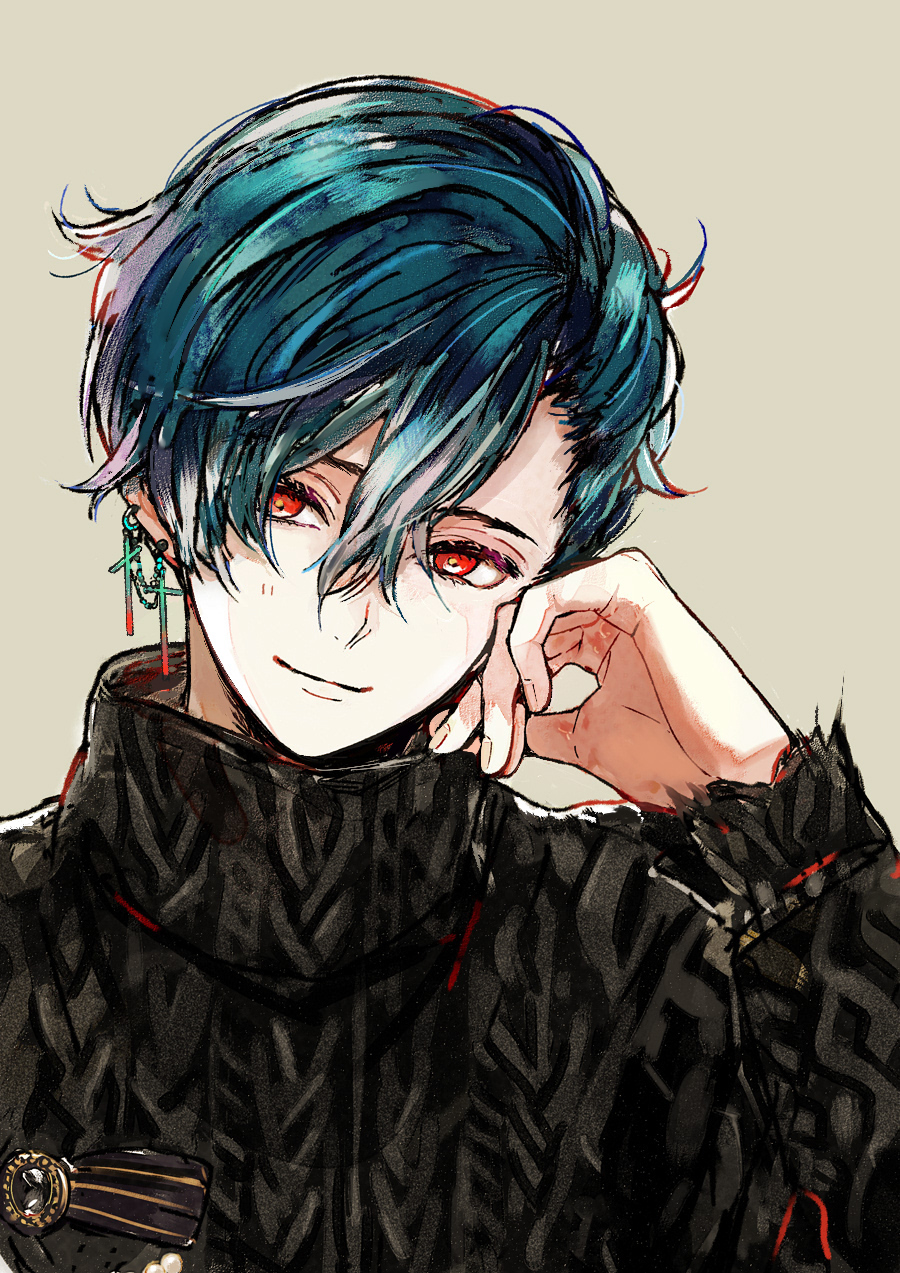 akuma shitsuji to kuroi neko, highres, 1boy, alternate costume, aqua hair, aran sweater, asymmetrical bangs, black gem, black sweater, cable knit, closed mouth, cross, cross earrings, earrings, gem, hair between eyes, hand on own cheek, hand on own face, haures clifford, head tilt, jewelry, light blush, long sleeves, male focus, nonoko (meg36544), parted bangs, red eyes, short hair, smile, solo, sweater, turtleneck, turtleneck sweater, upper body