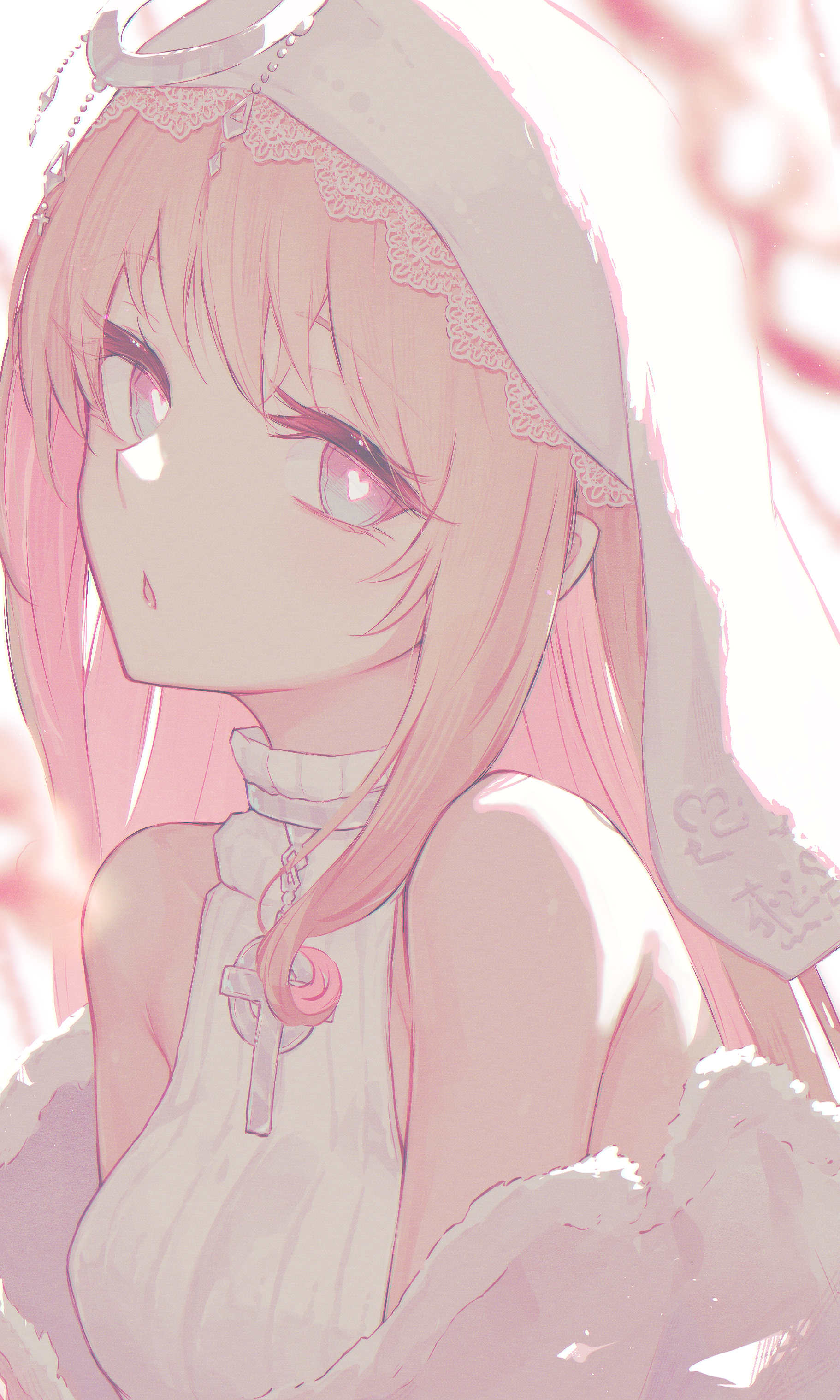 reizouko, original, absurdres, commentary request, highres, 1girl, bare shoulders, blonde hair, blue eyes, bright pupils, cross, cross necklace, heart, heart-shaped pupils, jewelry, long hair, looking at viewer, necklace, open mouth, shirt, simple background, solo, symbol-shaped pupils, upper body, veil, white background, white shirt