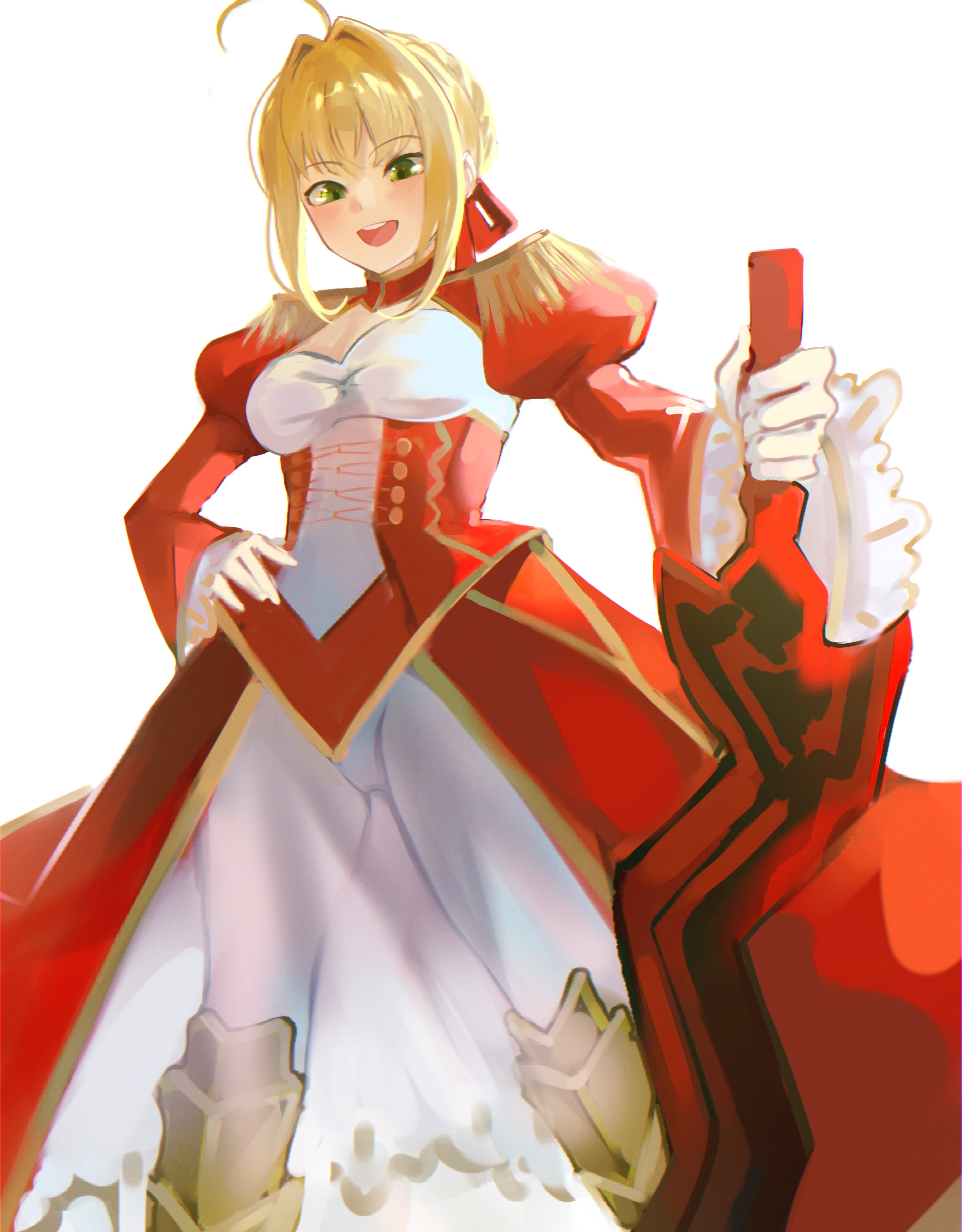 yotsutsu428, nero claudius (fate), nero claudius (fate/extra), fate/extra, fate (series), absurdres, highres, 1girl, aestus estus, ahoge, armored boots, blonde hair, blush, boots, braid, breasts, cleavage, cleavage cutout, clothing cutout, dress, epaulettes, gold trim, green eyes, hair bun, hair intakes, hair ribbon, juliet sleeves, knee boots, large breasts, long hair, long sleeves, looking at viewer, open mouth, puffy sleeves, red dress, red ribbon, ribbon, smile, solo, sword, weapon
