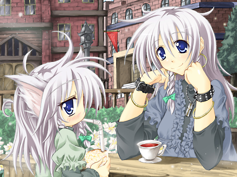 lozelia, inu sakuya (nejikirio), izayoi sakuya, touhou, silver hair, 2girls, ahoge, animal ears, blue eyes, braid, cup, dog ears, drink, female focus, kemonomimi mode, long hair, multiple girls, nature, outdoors, plant, teacup, twin braids, upper body