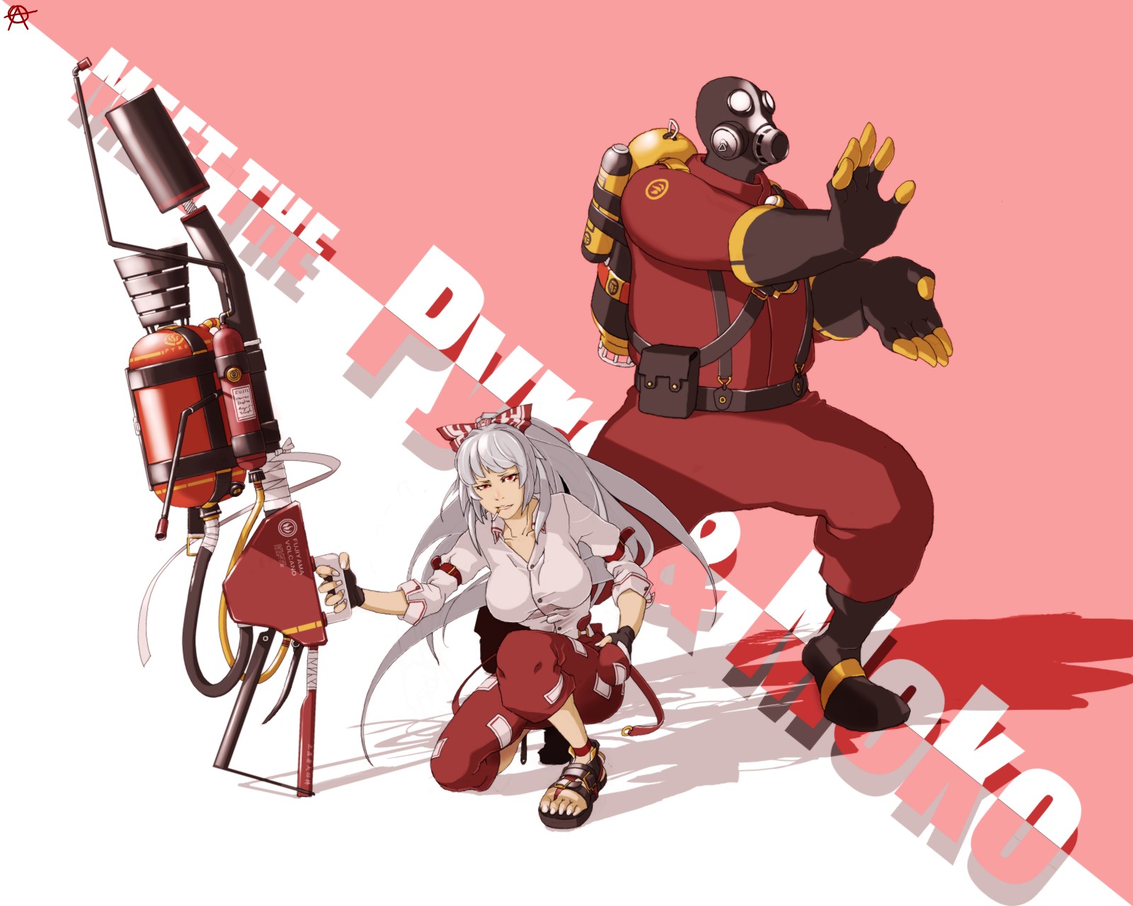 circle a, fujiwara no mokou, pyro (tf2), red pyro (tf2), team fortress 2, touhou, silver hair, highres, 1boy, 1girl, bow, cigarette, crossover, flamethrower, gas mask, hadouken, hair bow, holding flamethrower, holding weapon, kamehameha (dragon ball), long hair, mask, on one knee, red eyes, ribbon, sandals, smoking, suspenders, weapon