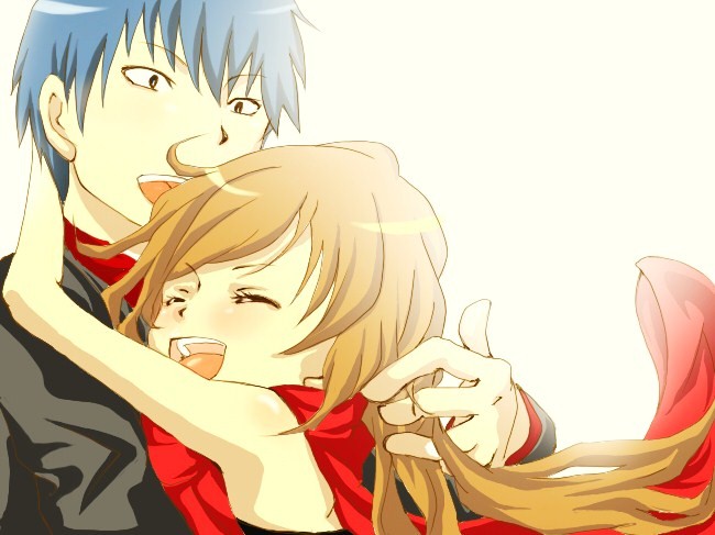 haruhana (momoi1029), aisaka taiga, takasu ryuuji, toradora!, 00s, 1boy, 1girl, black eyes, blue hair, brown hair, jug (bottle), long hair, scarf, smile