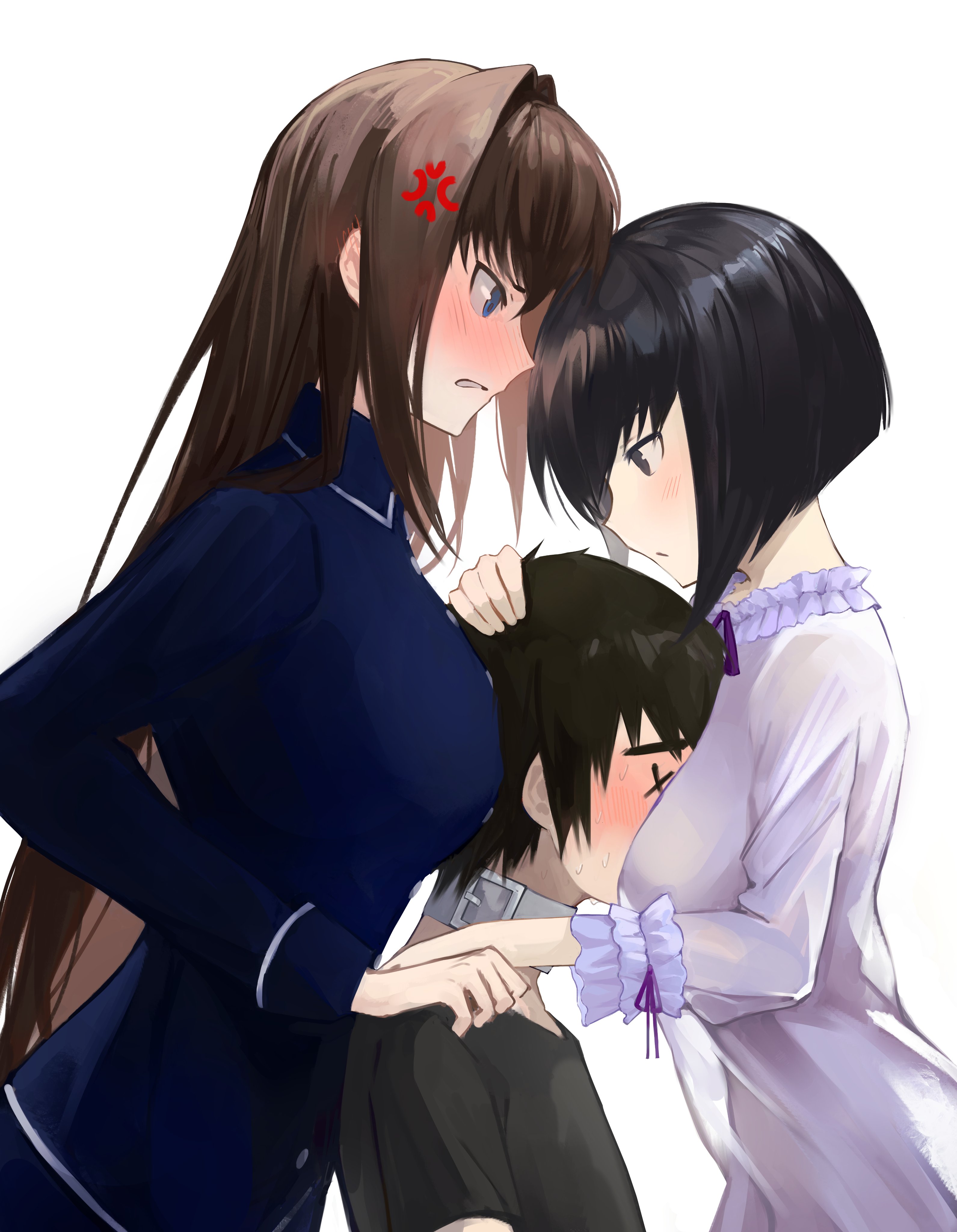 yotsutsu428, aozaki aoko, kuonji alice, shizuki soujuurou, mahou tsukai no yoru, absurdres, highres, 1boy, anger vein, black eyes, black hair, black shirt, blue eyes, blue shirt, blush, breasts, brown hair, clenched teeth, collar, dress, girl sandwich, hair intakes, hug, large breasts, long hair, long sleeves, medium breasts, sandwiched, shirt, short hair, short sleeves, sidelocks, teeth, white dress, x x