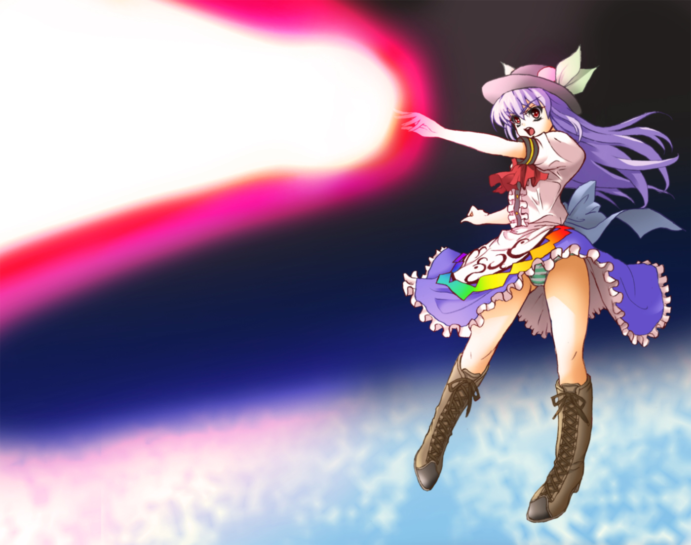 esuurya, hinanawi tenshi, touhou, beam, 1girl, blue hair, female focus, food, fruit, full body, hat, long hair, panties, peach, red eyes, solo, striped clothes, striped panties, underwear