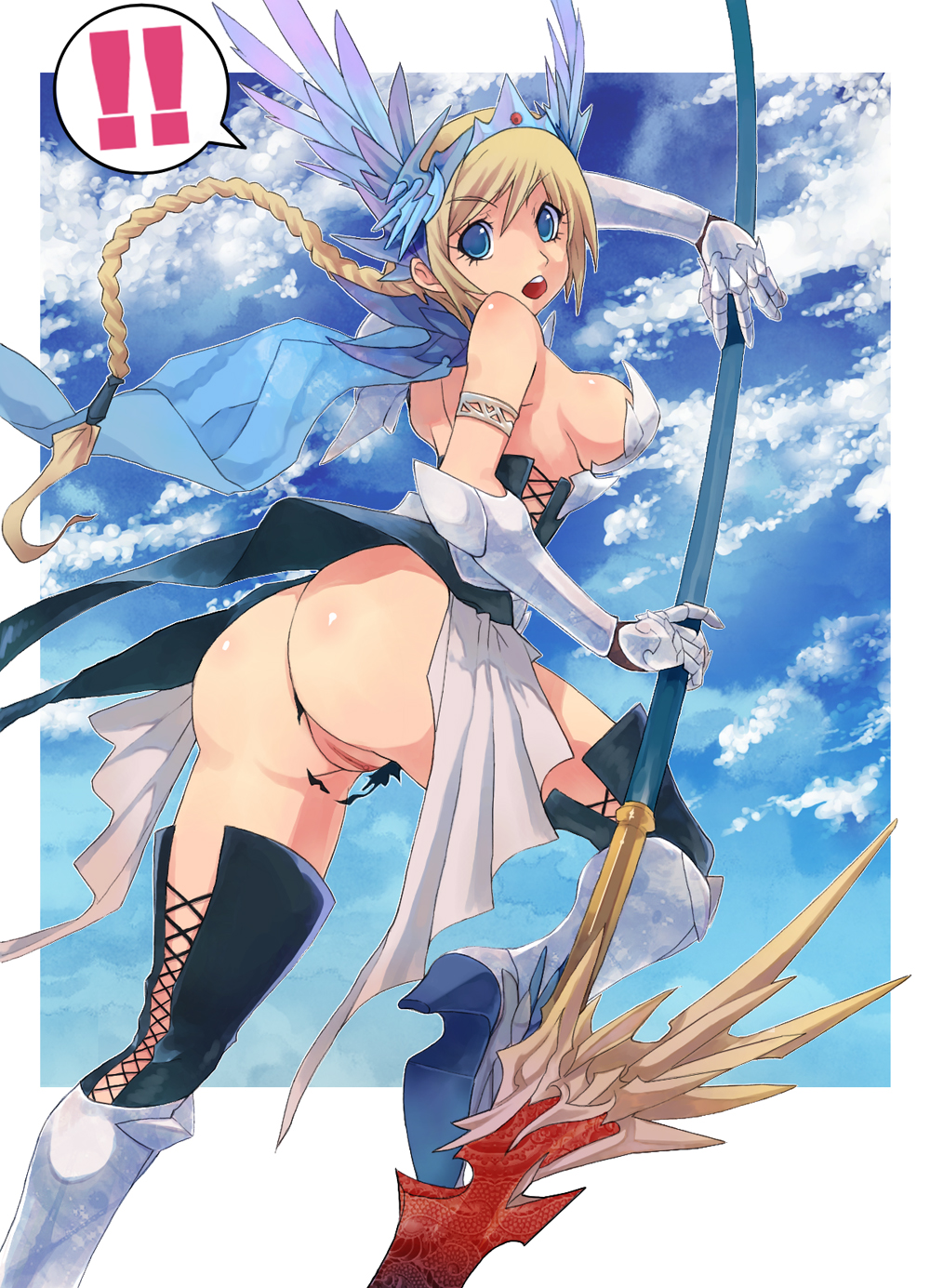 caee penguin, bad id, bad pixiv id, highres, !, !!, 1girl, ass, blonde hair, blue eyes, boots, braid, breasts, female focus, gauntlets, helm, helmet, large breasts, legs, long legs, polearm, pussy, sideboob, single braid, solo, thigh boots, thighhighs, thighs, uncensored, wardrobe malfunction, weapon