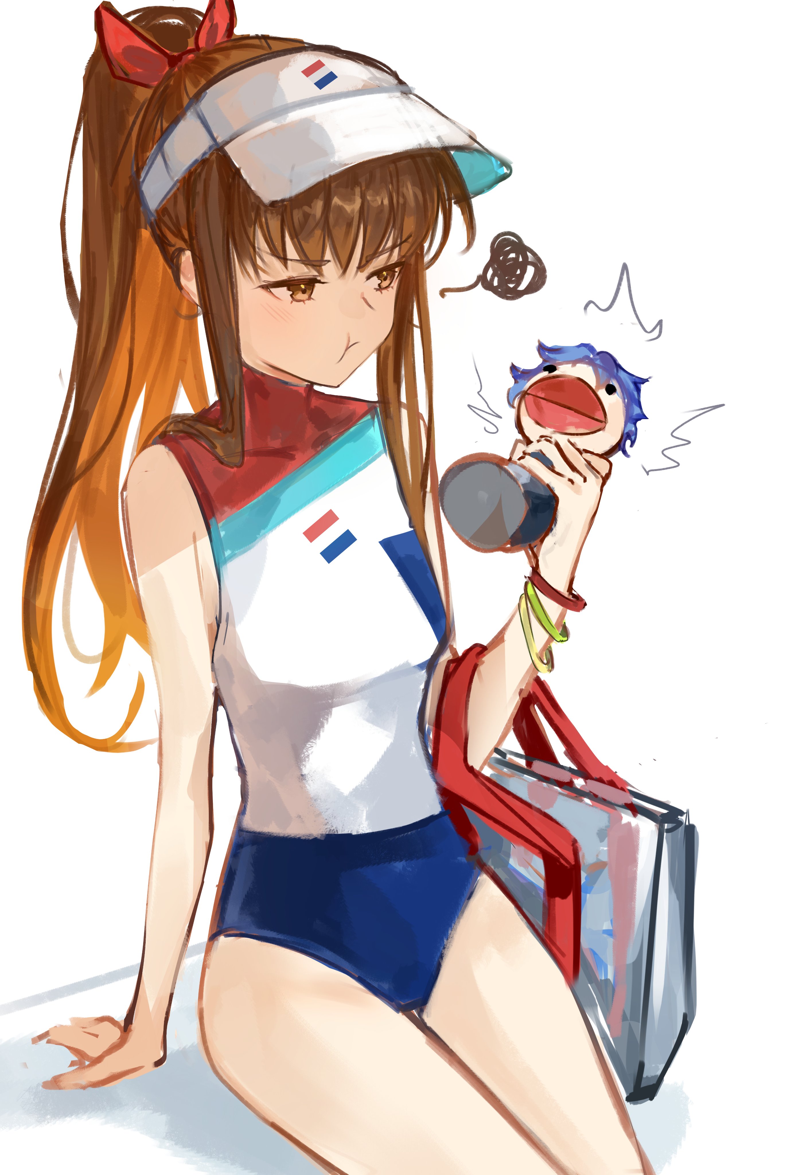 yotsutsu428, kishinami hakuno (female), fate/grand order, fate (series), absurdres, character request, highres, 1girl, :t, bag, bare shoulders, blue one-piece swimsuit, bracelet, breasts, brown eyes, brown hair, character doll, doll, hat, jewelry, long hair, multicolored swimsuit, one-piece swimsuit, one eye closed, ponytail, shoulder bag, sidelocks, sitting, small breasts, squiggle, stuffed toy, swimsuit, thighs, visor cap, white hat, white one-piece swimsuit