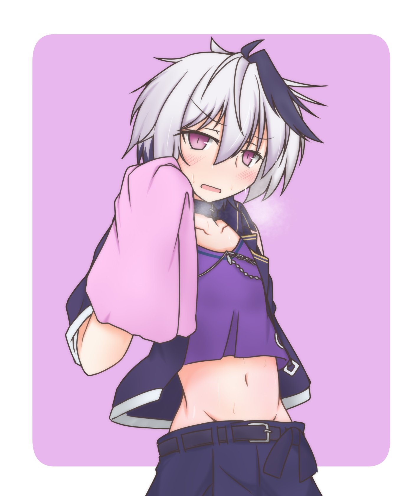 arutau, flower (vocaloid), flower (vocaloid4), tagme, 1girl, belt, midriff, navel, short hair, sweat, sweatdrop