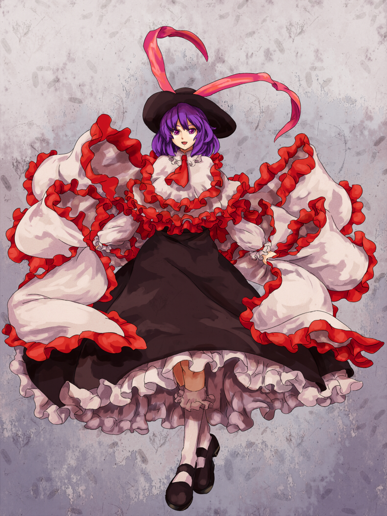 shibasaki shouji, nagae iku, touhou, 1girl, female focus, frills, gathers, hat, mary janes, petticoat, purple eyes, purple hair, shawl, shoes, short hair, skirt, solo