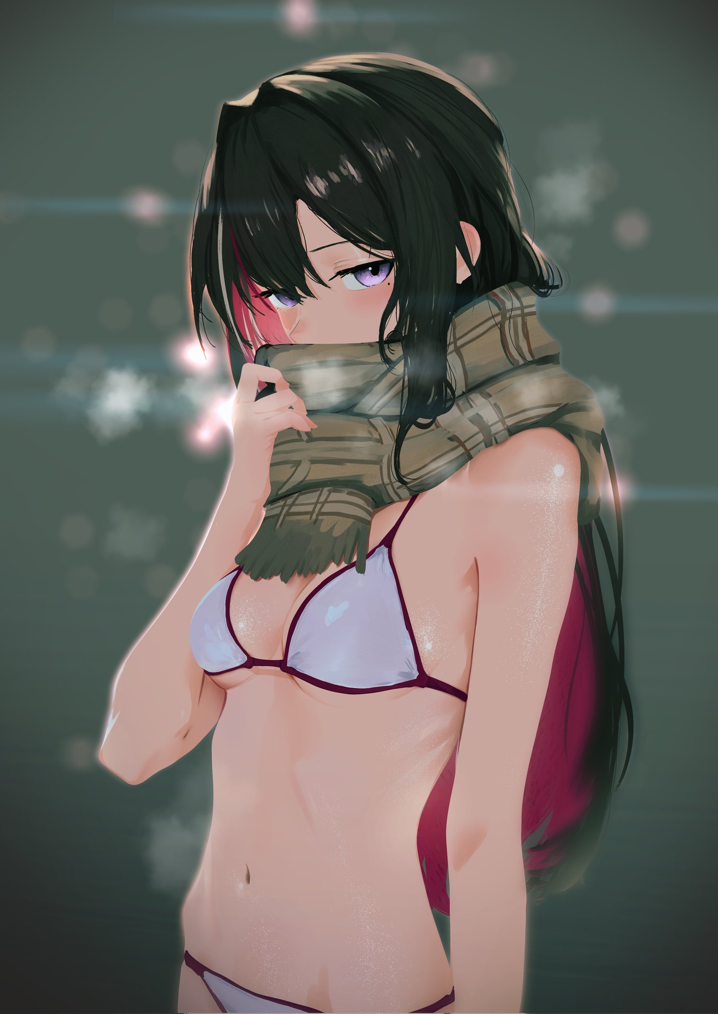 cohi27151463, azki (hololive), hololive, highres, 1girl, alternate costume, bikini, black hair, blush, breasts, breath, brown scarf, cleavage, colored inner hair, covered mouth, hair between eyes, hair intakes, halterneck, jitome, long hair, looking at viewer, medium breasts, mole, mole under eye, multicolored hair, navel, pink hair, plaid clothes, plaid scarf, purple eyes, scarf, scarf over mouth, solo, stomach, streaked hair, string bikini, swimsuit, virtual youtuber, white bikini, white hair