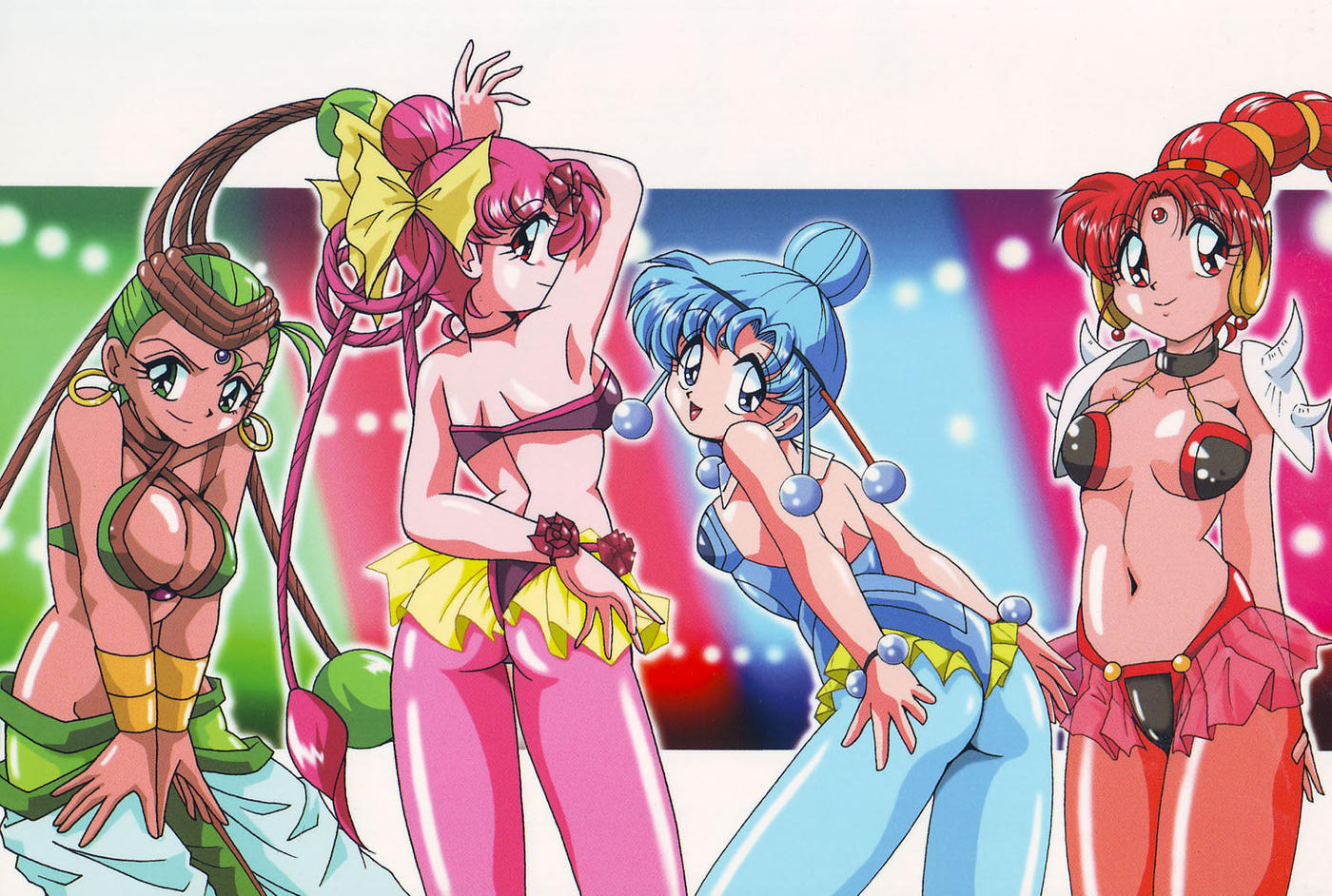 amazoness quartet, cerecere (sailor moon), junjun (sailor moon), pallapalla (sailor moon), vesves (sailor moon), bishoujo senshi sailor moon, bishoujo senshi sailor moon supers, toei company, 1990s (style), 4girls, ass, blue eyes, blue hair, flower, green eyes, green hair, multiple girls, pink hair, rainbow, red eyes, red hair, retro artstyle, rose
