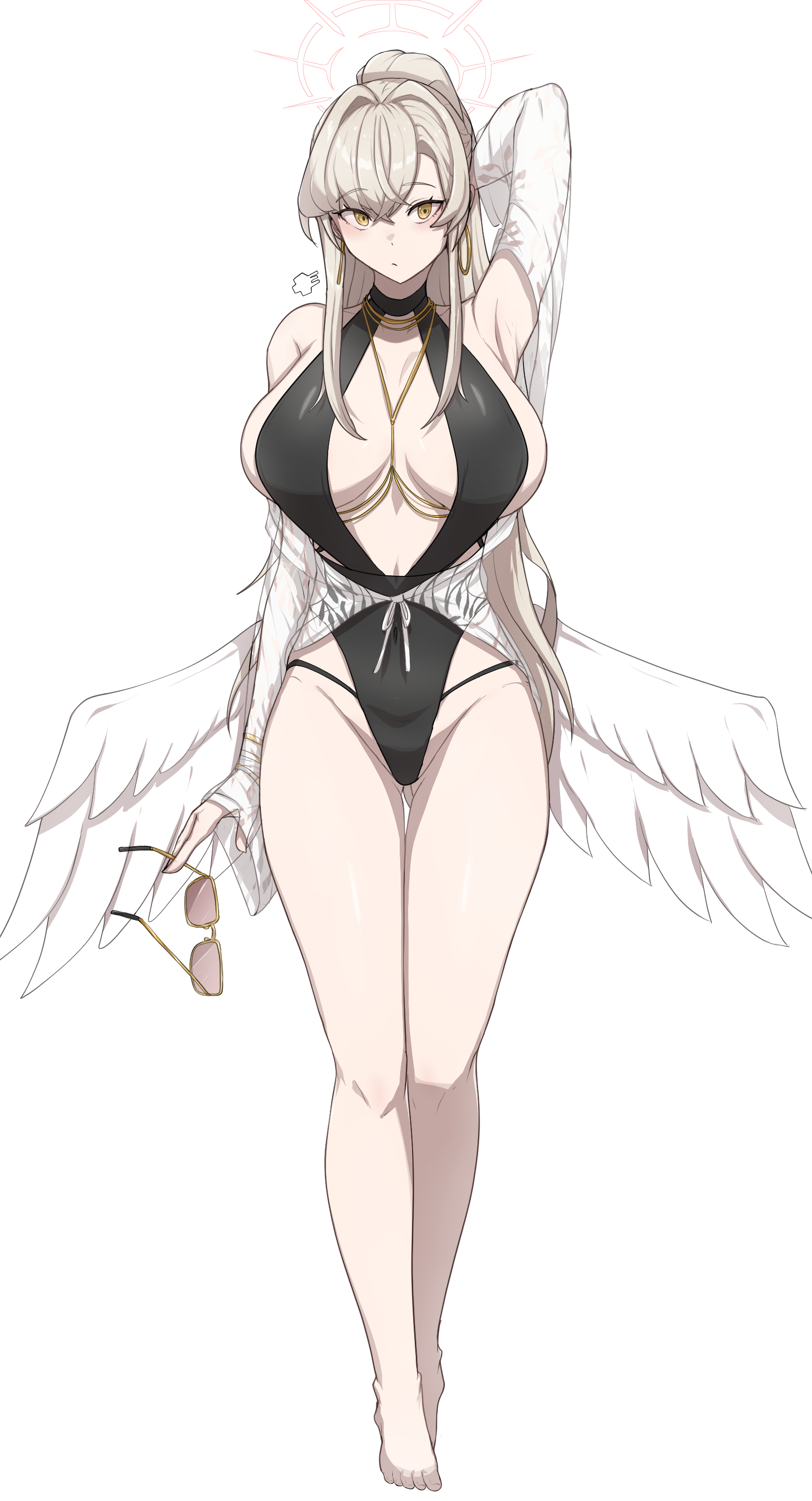 skyhood, nagisa (blue archive), nagisa (swimsuit) (blue archive), blue archive, absurdres, highres, 1girl, alternate breast size (larger), angel wings, aviator sunglasses, black one-piece swimsuit, blonde hair, breasts, brown-tinted eyewear, feathered wings, full body, halo, large breasts, low wings, official alternate hairstyle, one-piece swimsuit, pink halo, simple background, solo, sunglasses, swimsuit, tinted eyewear, white background, white wings, wings, yellow eyes