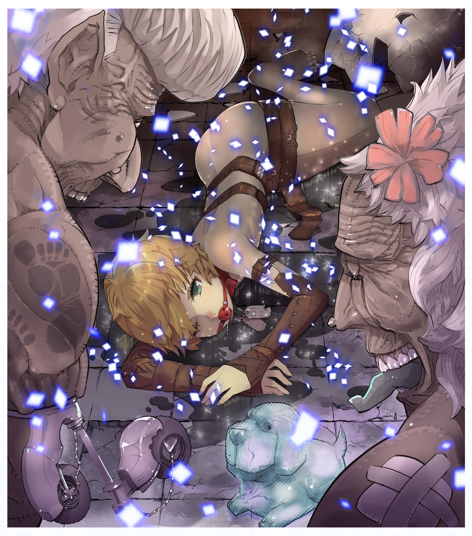 stregoicavar, original, highres, 1girl, androgynous, ball gag, blonde hair, gag, gagged, green eyes, imminent rape, rape, short hair, solo focus, wiffle gag, you gonna get raped