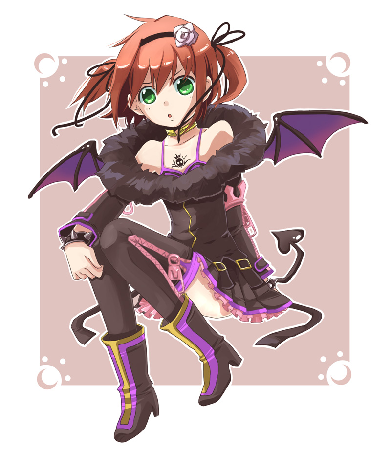 naomi (miette), rita mordio, tales of (series), tales of vesperia, 00s, 1girl, brown hair, choker, female focus, green eyes, hairband, official alternate costume, short hair, sitting, solo, thighhighs, twintails, wings