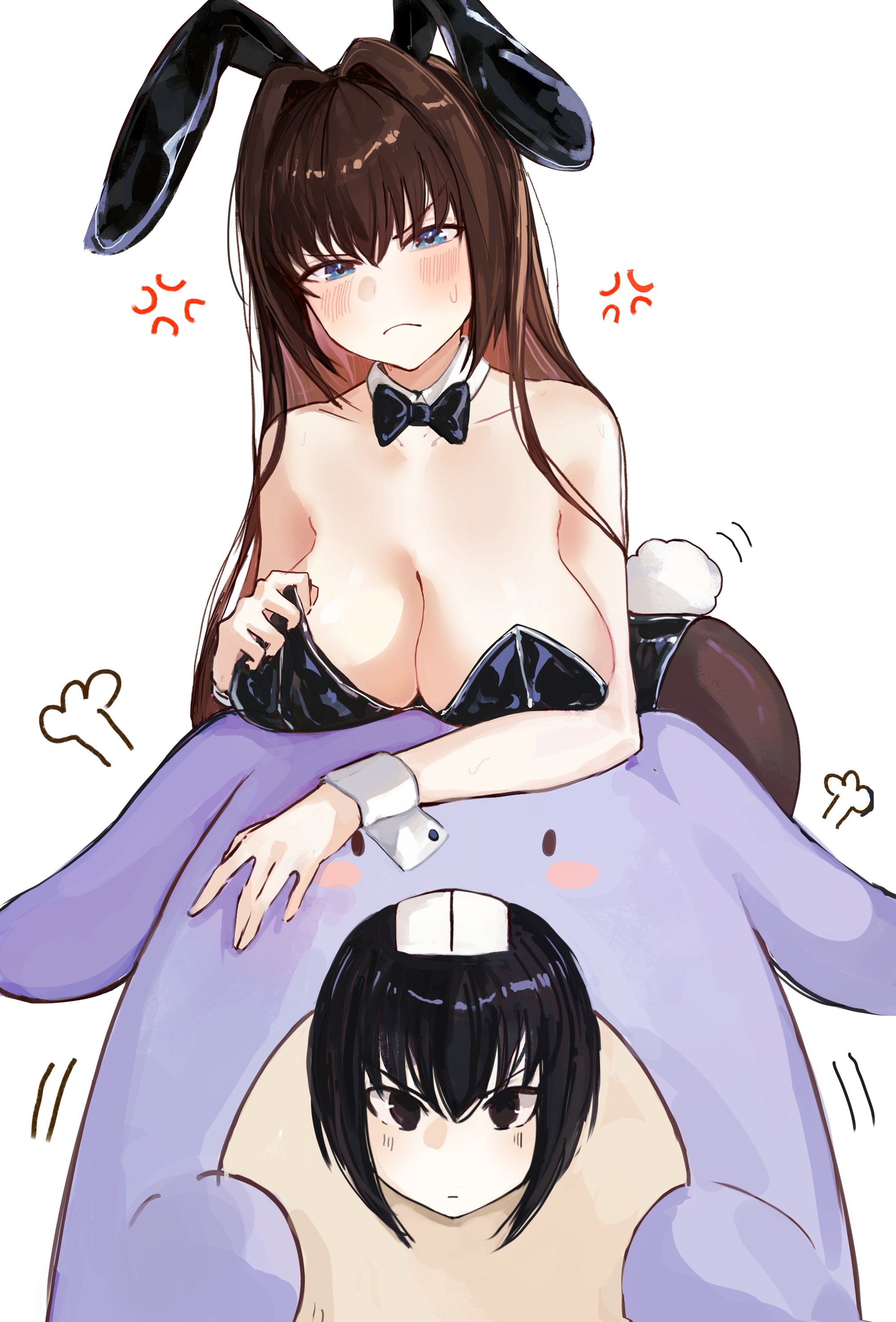 yotsutsu428, aozaki aoko, kuonji alice, mahou tsukai no yoru, absurdres, highres, 2girls, alternate costume, anger vein, animal costume, animal ears, black eyes, black hair, black leotard, blue eyes, blush, breasts, brown hair, cleavage, collarbone, fake animal ears, fake tail, frown, hair intakes, large breasts, leotard, long hair, looking at viewer, multiple girls, pantyhose, playboy bunny, rabbit ears, rabbit tail, tail