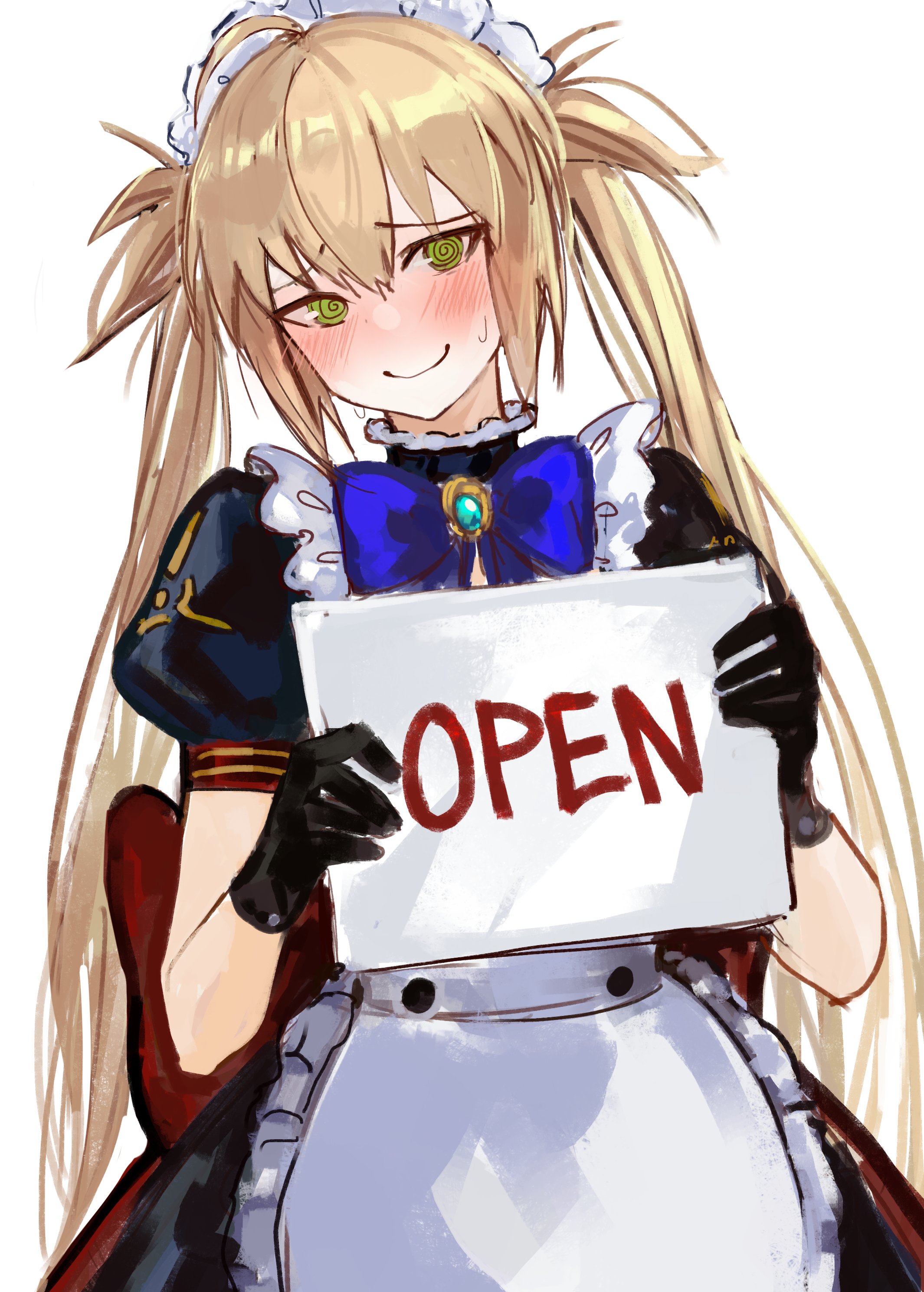 yotsutsu428, artoria caster (fate), artoria pendragon (fate), fate/grand order, fate (series), absurdres, highres, 1girl, @ @, ahoge, apron, black dress, black gloves, blonde hair, blush, bow, bowtie, brooch, choker, dress, frilled choker, frills, gloves, green eyes, jewelry, long hair, looking at viewer, maid headdress, puffy short sleeves, puffy sleeves, short sleeves, sign, smile, solo, twintails, white apron