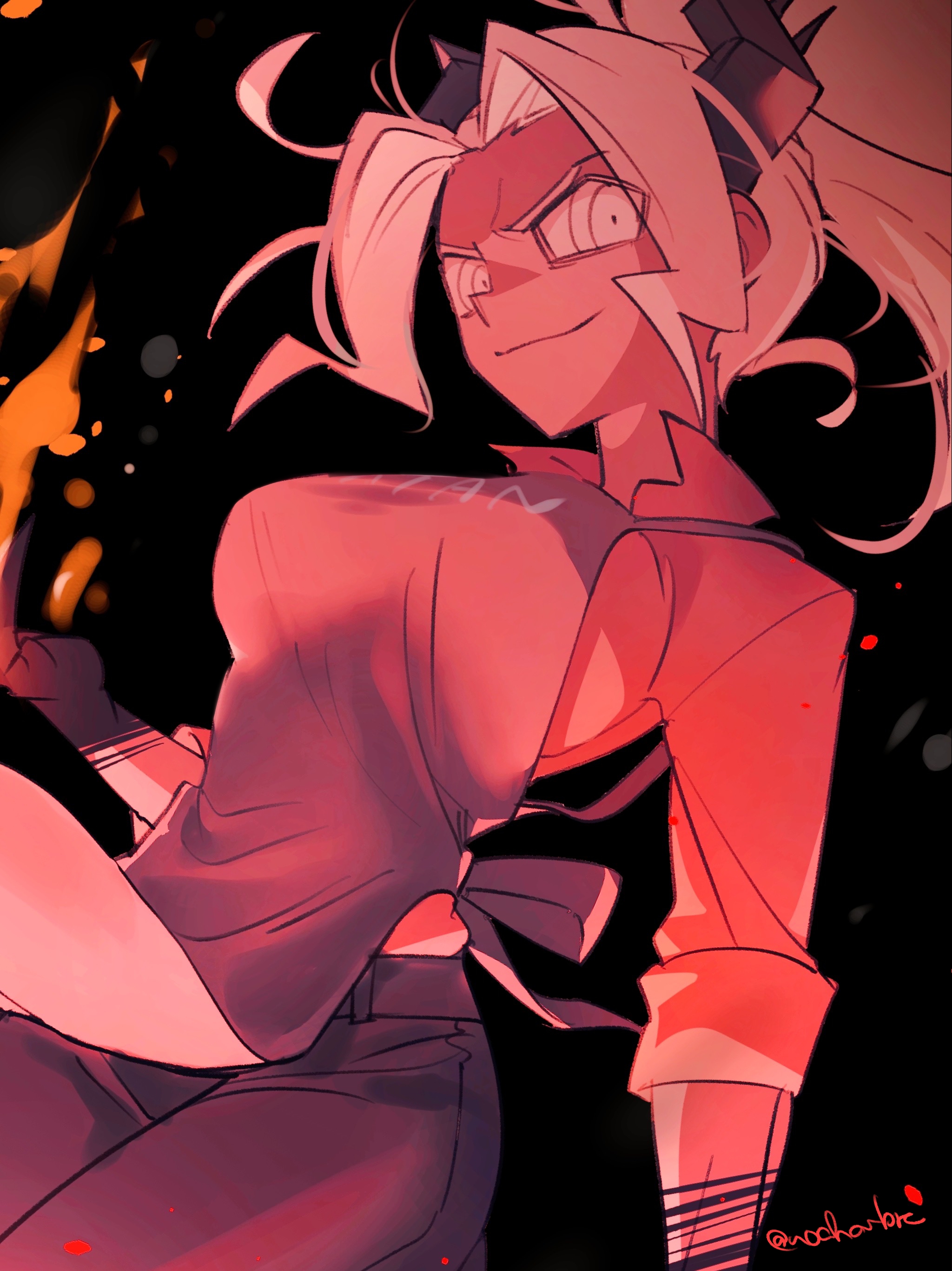 noah (tettsui-sole), judgement (helltaker), helltaker, absurdres, highres, 1girl, apron, black background, black horns, black pants, breasts, collared shirt, cowboy shot, dark-skinned female, dark skin, demon girl, demon horns, demon tail, grey hair, hand up, horns, large breasts, long hair, long sleeves, looking at viewer, pants, ponytail, red shirt, shirt, smile, solo, tail, twitter username, white eyes, white hair