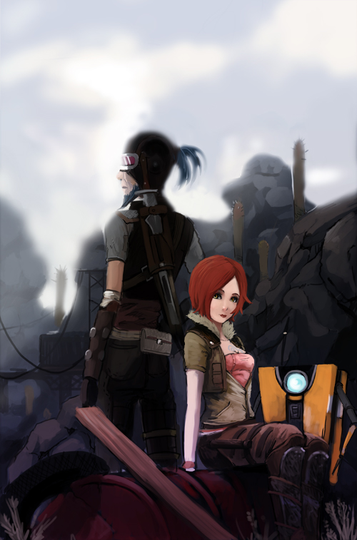 bloodink, claptrap, lilith (borderlands), mordecai (borderlands), borderlands (series), 1boy, 1girl, beard, blouse, blue hair, blurry, borderlands 1, breasts, chest tattoo, cleavage, day, depth of field, facial hair, fur-trimmed vest, fur trim, grey shirt, hand on own hip, high collar, high ponytail, junkyard, outdoors, pocket, ponytail, red hair, red shirt, robot, sheath, sheathed, shin guards, shirt, short hair, short ponytail, sitting, standing, swept bangs, tattoo, thigh strap, unused tire, vest, weapon, weapon on back