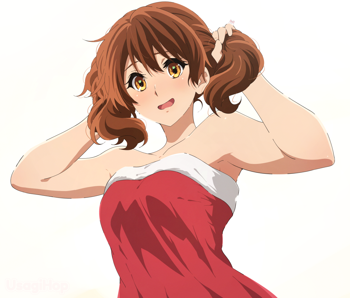 usagihop, oumae kumiko, hibike! euphonium, commentary request, 1girl, alternate costume, armpits, arms up, bare arms, bare shoulders, blush, brown hair, bunching hair, dress, looking at viewer, open mouth, red dress, santa costume, santa dress, short hair, simple background, solo, strapless, strapless dress, upper body, white background, yellow eyes