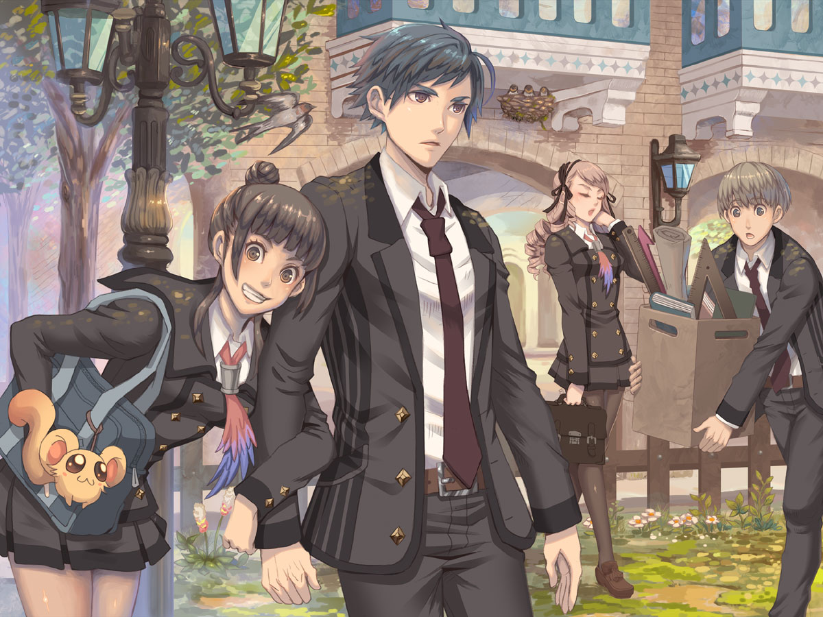 fujimaru (green sparrow), bad id, bad pixiv id, 2boys, 2girls, :d, animal, bird, black hair, blue hair, drill hair, hair bun, hair ribbon, locked arms, long hair, multiple boys, multiple girls, necktie, open mouth, ribbon, school uniform, short hair, single hair bun, smile