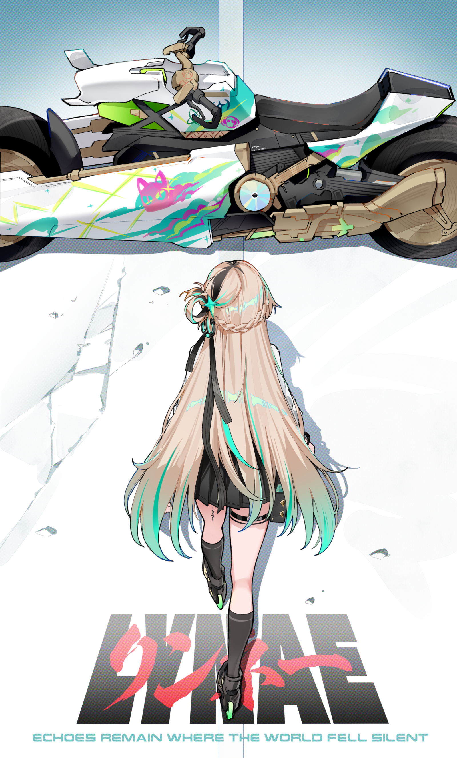 foxyreine, lynae (wuthering waves), akira (manga), wuthering waves, absurdres, commentary, highres, 1girl, black ribbon, black shoes, black skirt, black socks, blonde hair, braid, character name, colored tips, english text, from behind, hair ornament, hair ribbon, long hair, motor vehicle, motorcycle, multicolored hair, parody, poster parody, ribbon, shoes, skirt, socks, solo, tacet mark (wuthering waves)
