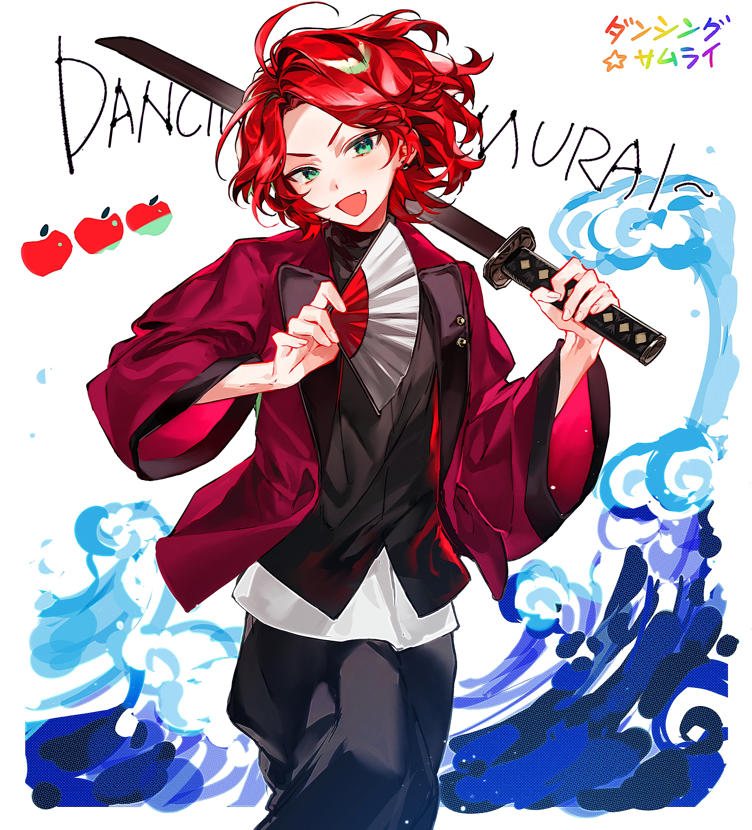 hanaseto, dancing samurai (vocaloid), indie utaite, absurdres, highres, 1boy, ahoge, apple, araki (utaite), black pants, black shirt, black trim, cowboy shot, earclip, english text, fang, folding fan, food, fruit, green eyes, hand fan, holding, holding fan, holding sword, holding weapon, jacket, katana, lapels, long sleeves, looking at viewer, male focus, open clothes, open jacket, open mouth, pants, red hair, red jacket, shirt, short hair, smile, solo, song name, sword, utaite, v-shaped eyebrows, waves, weapon, wide sleeves