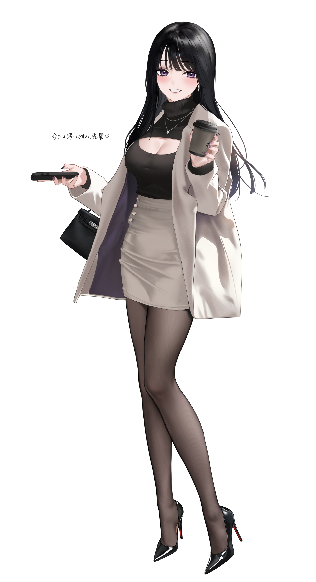 abab xiaxia, original, commentary request, highres, translation request, 1girl, :d, bag, black hair, black nails, black shoes, black sweater, blush, breasts, brown pantyhose, cellphone, cleavage cutout, clothing cutout, coat, cup, disposable coffee cup, disposable cup, earrings, full body, grey skirt, grin, handbag, heart, high-waist skirt, high heels, holding, holding cup, holding phone, jewelry, large breasts, long hair, long sleeves, looking at viewer, nail polish, necklace, open-chest sweater, open clothes, open coat, open mouth, pantyhose, parted lips, pencil skirt, phone, purple eyes, shoes, shoulder bag, simple background, skirt, smartphone, smile, solo, standing, sweater, turtleneck, turtleneck sweater, white background, white coat