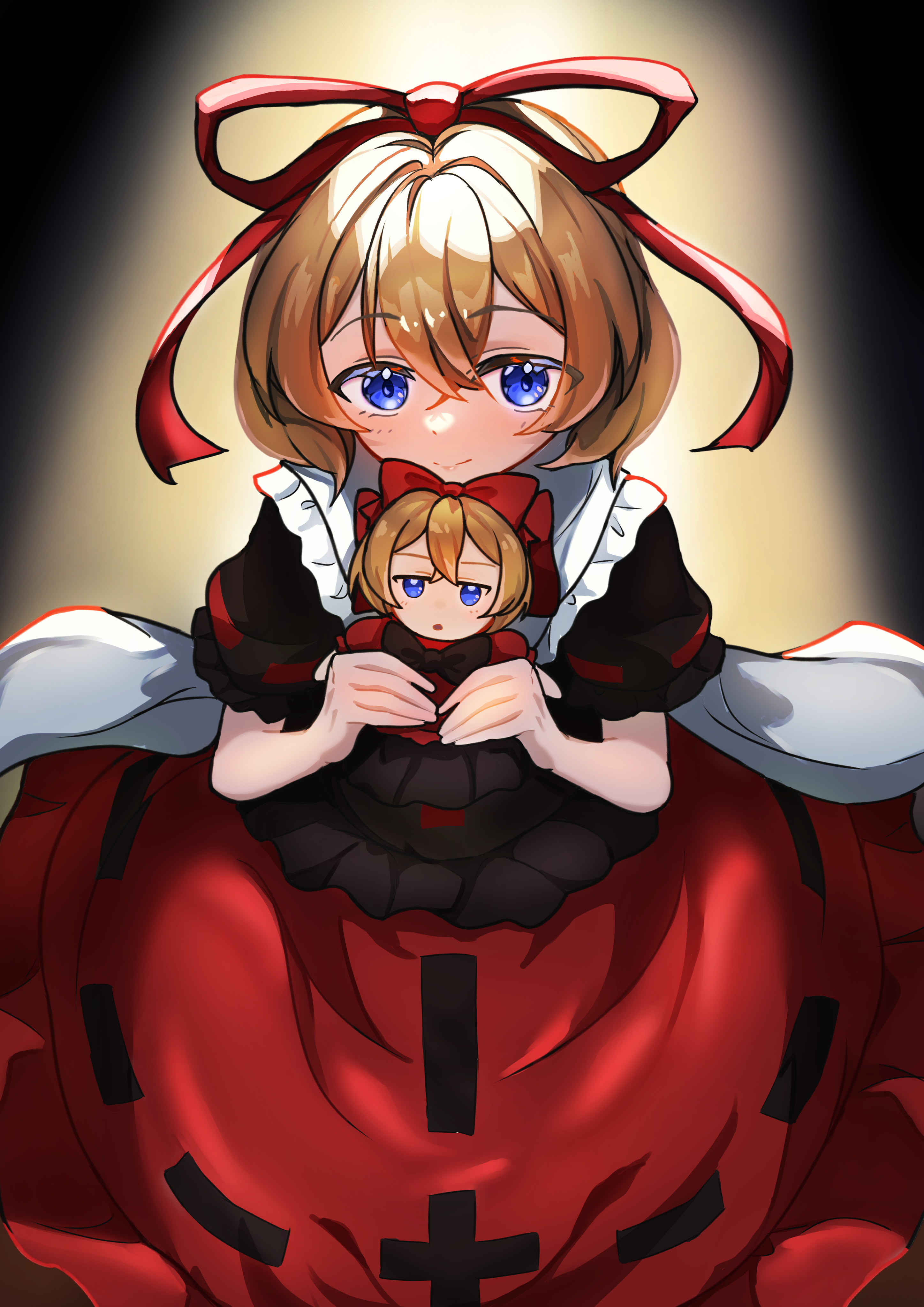 medicine melancholy, touhou, absurdres, commentary, highres, 1girl, black shirt, blonde hair, blue eyes, blush, character doll, contrast collar, doll, frilled sailor collar, frilled shirt, frills, hair between eyes, hair ribbon, holding, holding doll, looking at viewer, puffy short sleeves, puffy sleeves, red ribbon, red skirt, ribbon, sailor collar, shirt, short hair, short sleeves, skirt, smile, spotlight, suzukiairi0001, white sailor collar