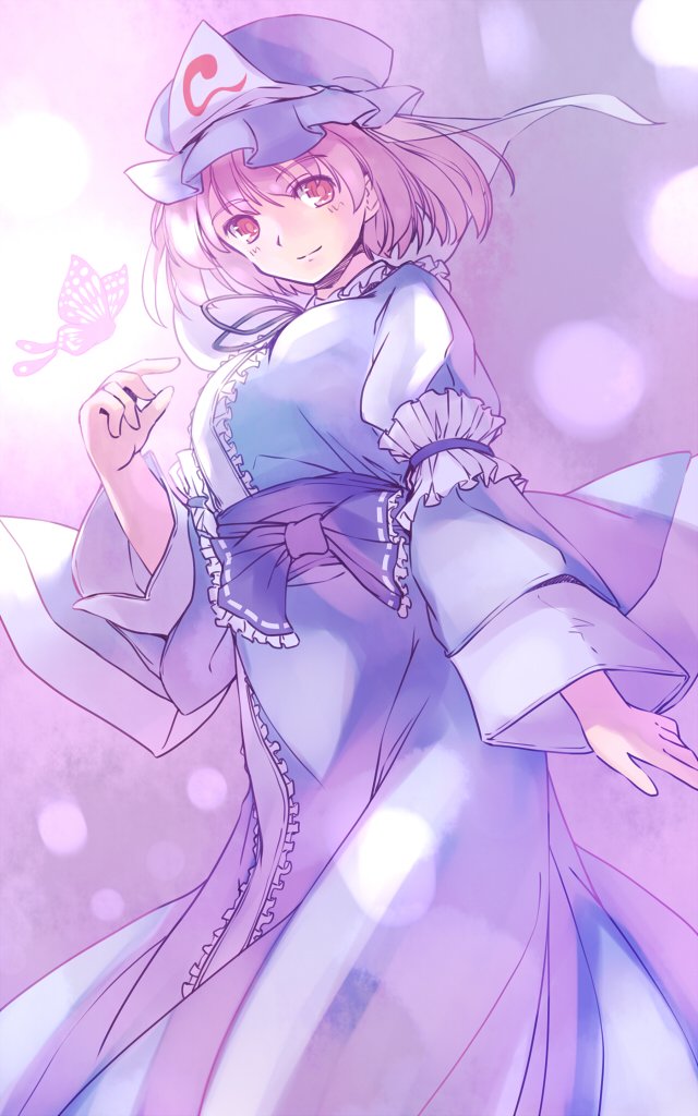 rangycrow, saigyouji yuyuko, touhou, commentary request, 1girl, blue bow, blue dress, blue hat, blue sash, blush, bow, breasts, bug, butterfly, dress, feet out of frame, glowing butterfly, hand up, hat, insect, large breasts, light smile, long sleeves, medium hair, mob cap, one-hour drawing challenge, pink background, pink butterfly, pink hair, red eyes, ribbon-trimmed bow, ribbon trim, sash, see-through clothes, see-through veil, solo, split mouth, triangular headpiece, veil