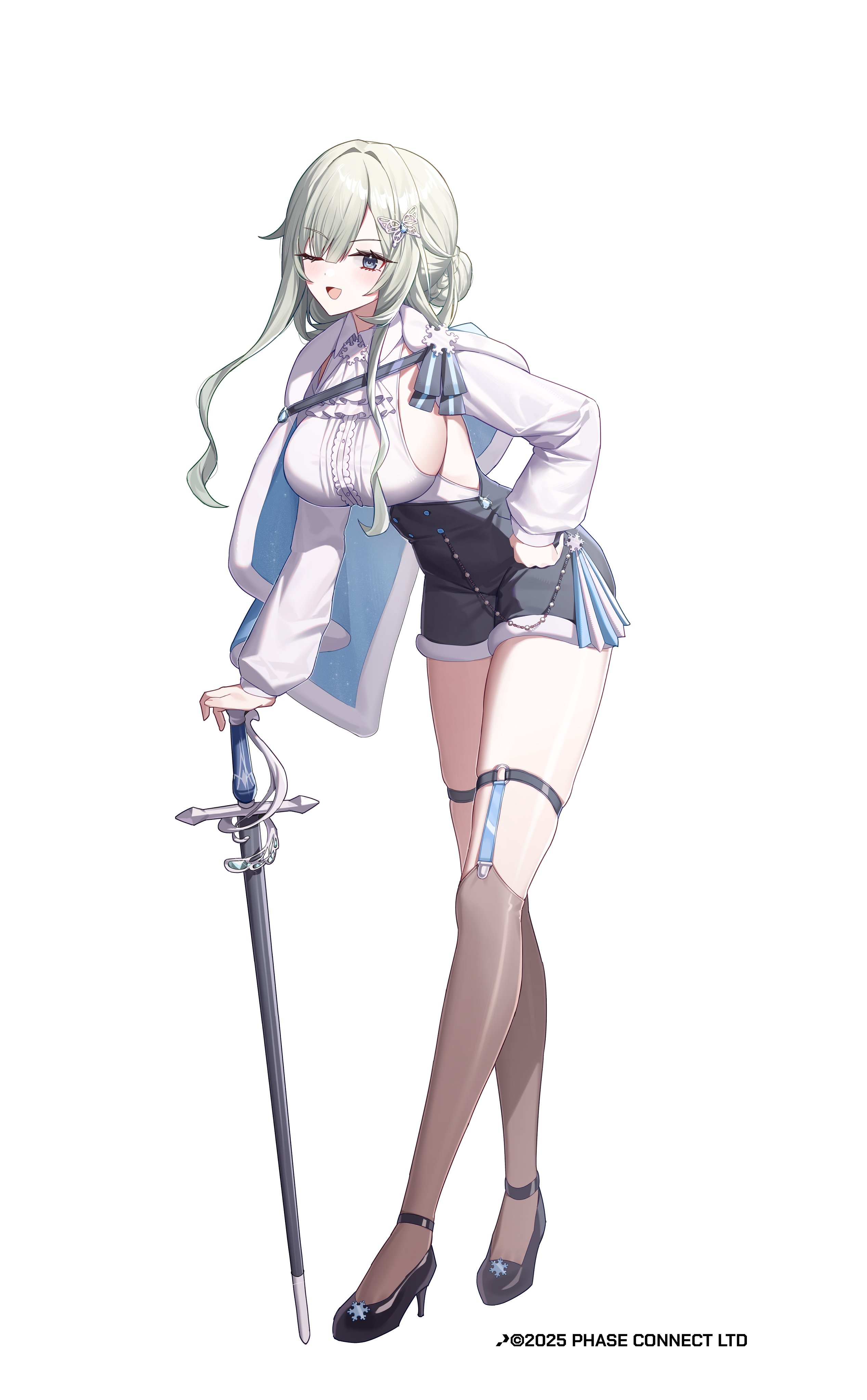 taiyaki12, wilhelmina frost, phase connect, absurdres, highres, 1girl, ascot, black shoes, black shorts, blue cape, blue eyes, breasts, butterfly hair ornament, cape, capelet, center frills, copyright notice, frills, full body, fur-trimmed capelet, fur-trimmed shorts, fur trim, grey hair, hair ornament, high-waist shorts, high heels, holding, holding sword, holding weapon, kneehighs, one eye closed, open mouth, shoes, shorts, smile, socks, solo, sword, virtual youtuber, weapon, white ascot, white background