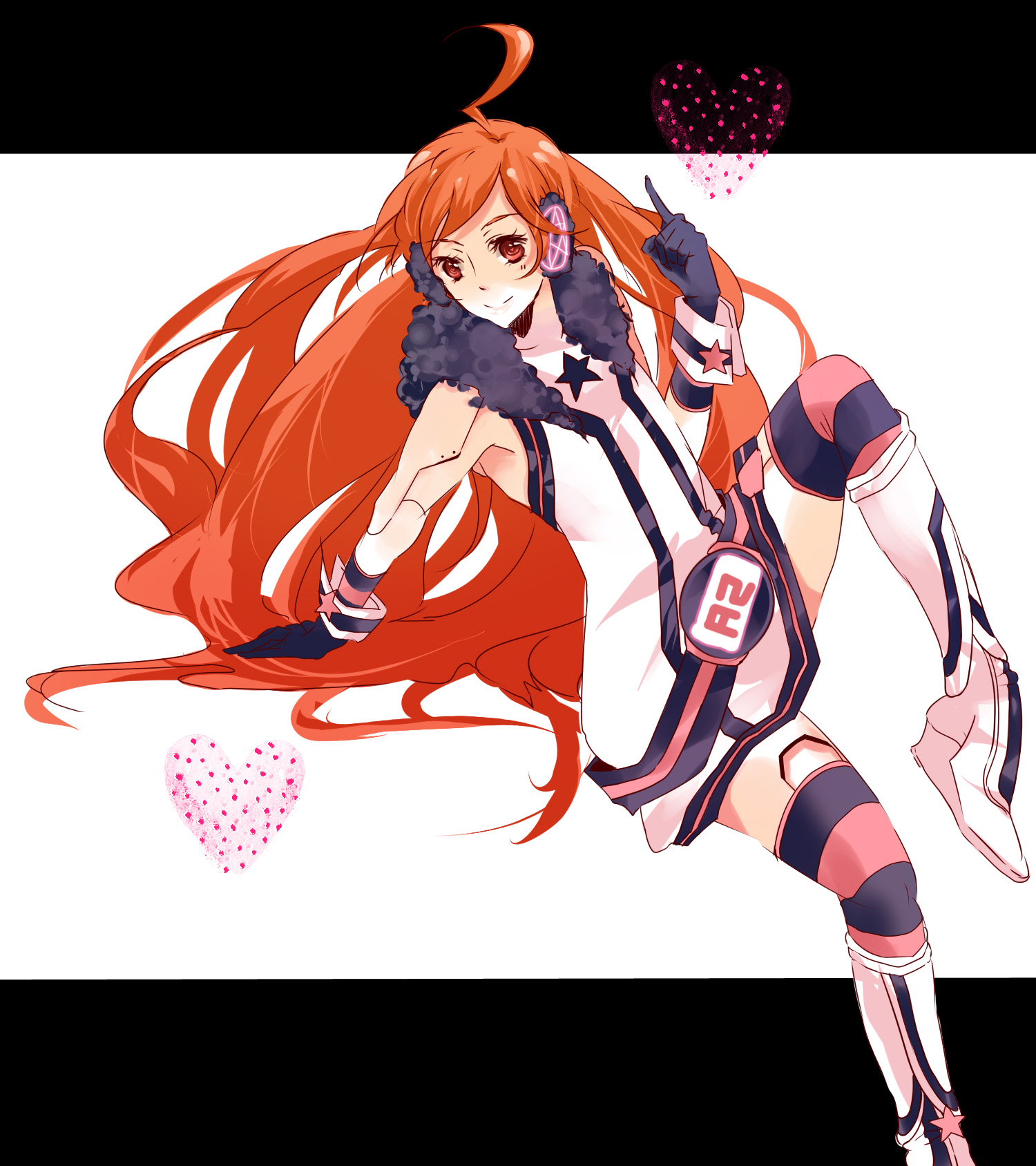 hatsuko, sf-a2 miki, vocaloid, bad id, bad pixiv id, highres, 1girl, ahoge, android, belt, boots, dress, female focus, gloves, headphones, hood, hoodie, joints, kneehighs, long hair, red eyes, red hair, robot joints, smile, socks, solo, star (symbol), striped clothes, striped gloves, striped socks, striped thighhighs, thighhighs, white background, wrist cuffs