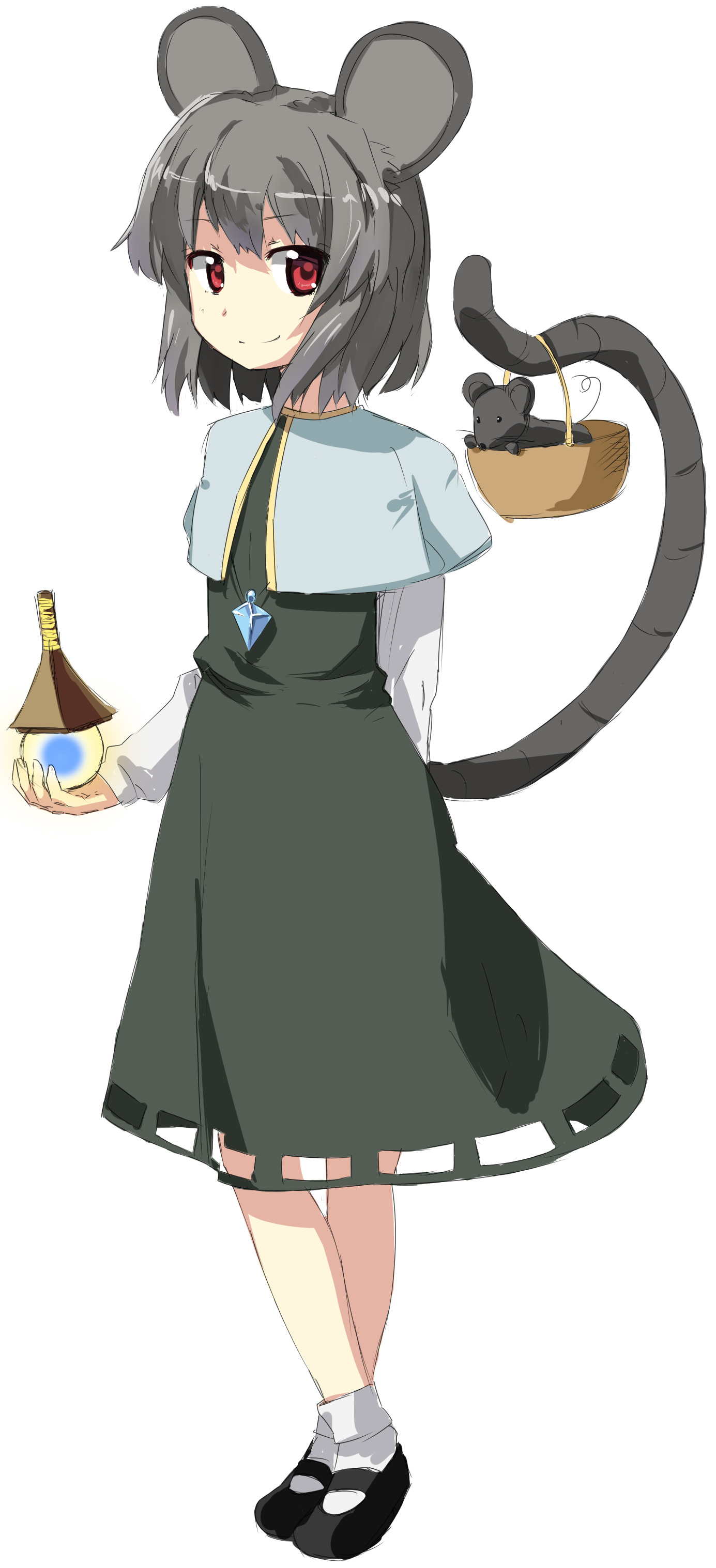 h@ll, nazrin, touhou, absurdres, bad id, bad pixiv id, highres, 1girl, animal ears, basket, female focus, full body, mary janes, mouse (animal), red eyes, shoes, short hair, simple background, smile, solo, white background