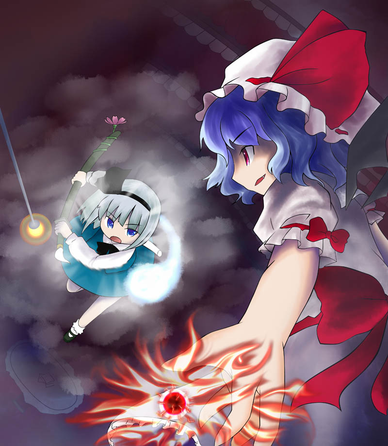 tetrafish, konpaku youmu, konpaku youmu (ghost), remilia scarlet, touhou, silver hair, 2girls, bat wings, battle, blue eyes, blue hair, female focus, ghost, hairband, hat, katana, multiple girls, red eyes, short hair, sword, weapon, wings