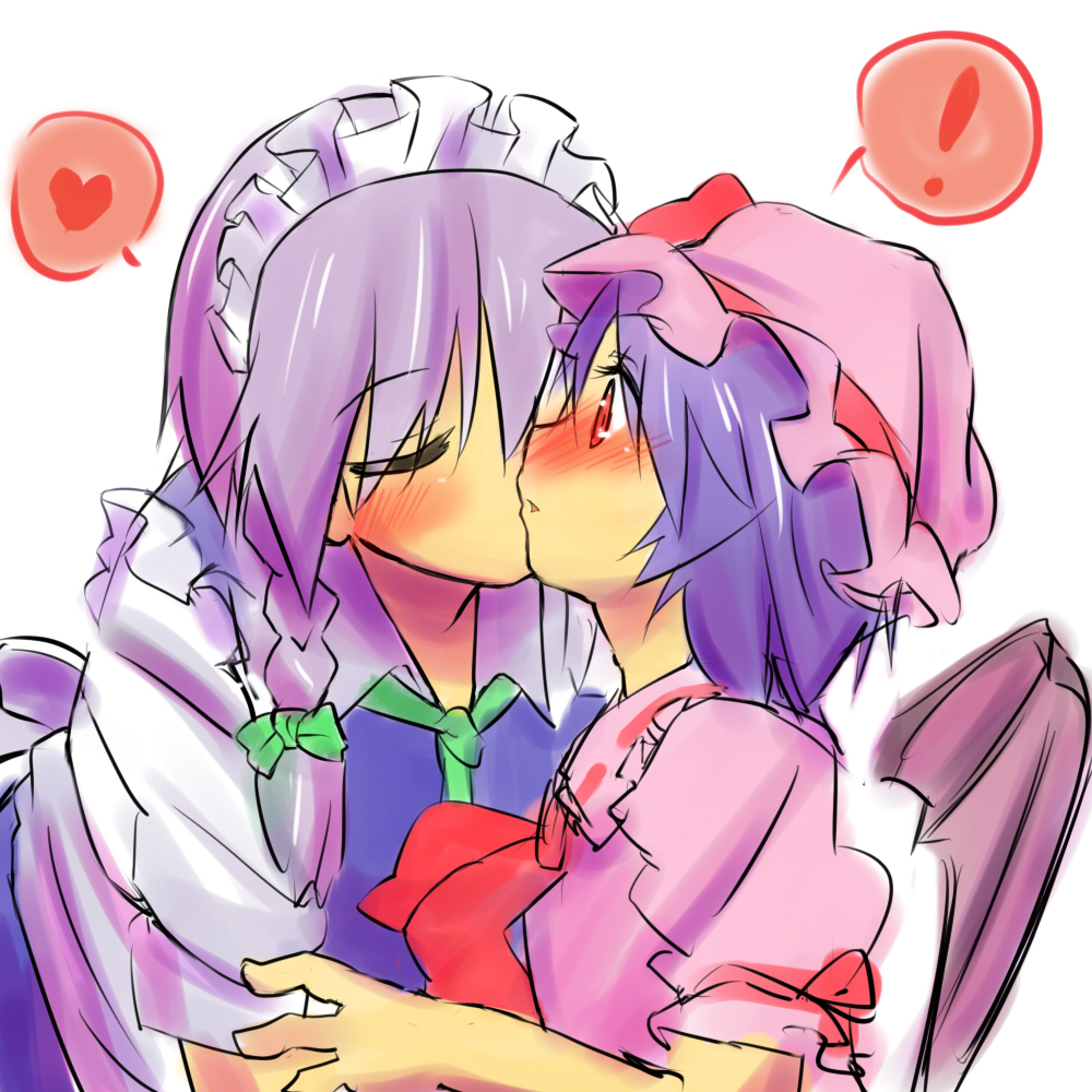 ema20, izayoi sakuya, remilia scarlet, touhou, !, 2girls, blush, female focus, heart, kiss, kissing cheek, multiple girls, sketch, spoken heart, yuri