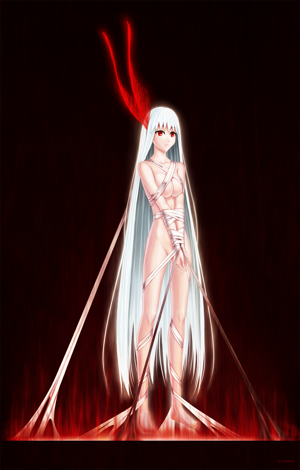 vincent (artist), bad id, bad pixiv id, highres, 1girl, albino, bdsm, bondage, bound, female focus, long hair, nude, red eyes, solo, very long hair, white hair