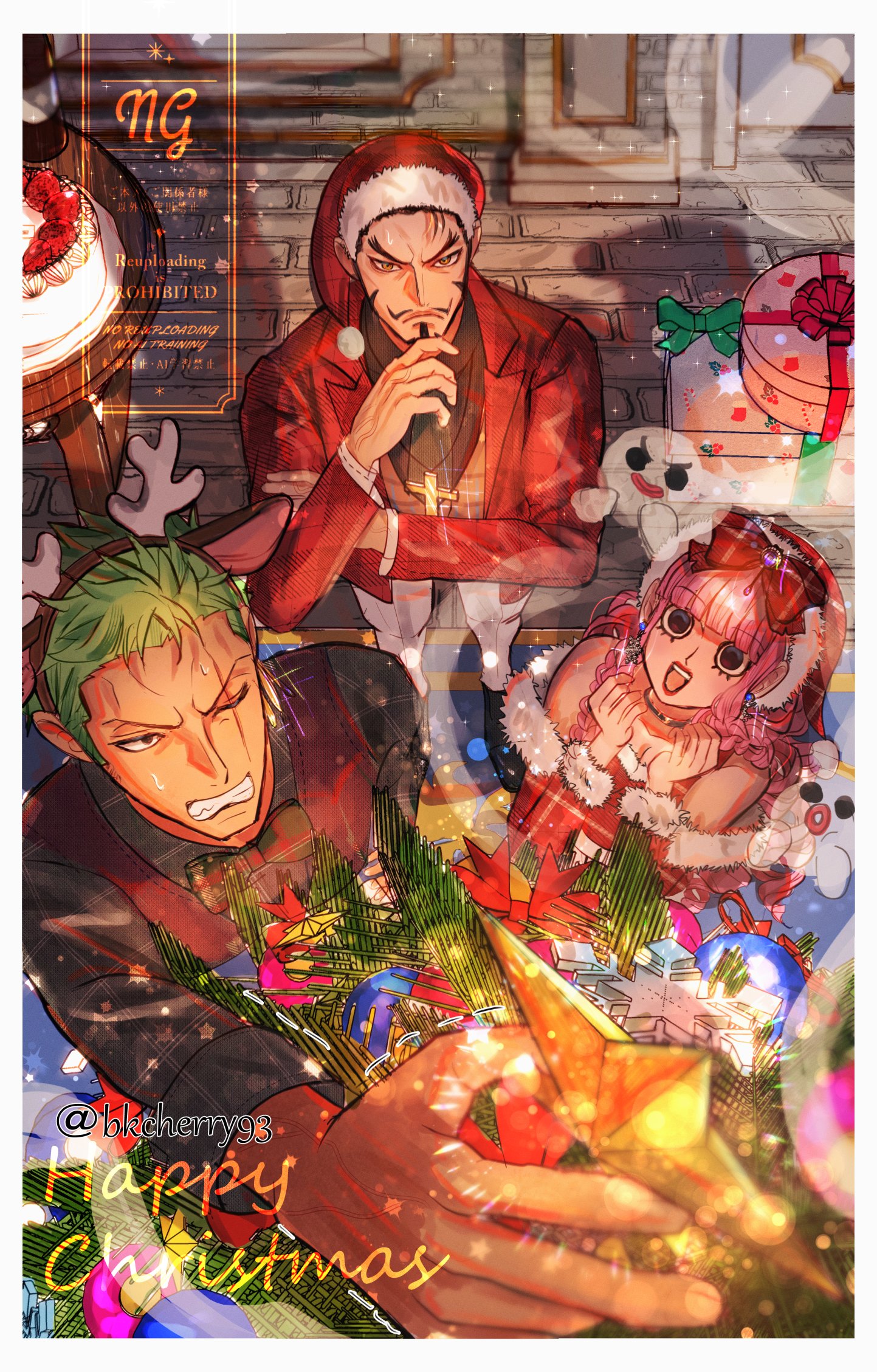 kawo (kawo2525 ), dracule mihawk, perona, roronoa zoro, one piece, commentary request, highres, 1girl, 2boys, animal ears, antlers, bare shoulders, black hair, bow, bowtie, christmas, christmas ornaments, christmas present, christmas tree, dress, facial hair, fake animal ears, fake antlers, fur-trimmed headwear, fur trim, ghost, gift, green hair, hat, holding, holding star, horns, jacket, long hair, multiple boys, one eye closed, pink hair, pom pom (clothes), red dress, red hat, red jacket, reindeer antlers, santa costume, santa hat, scar, scar across eye, scar on face, short hair, sparkle, star (symbol), upper body