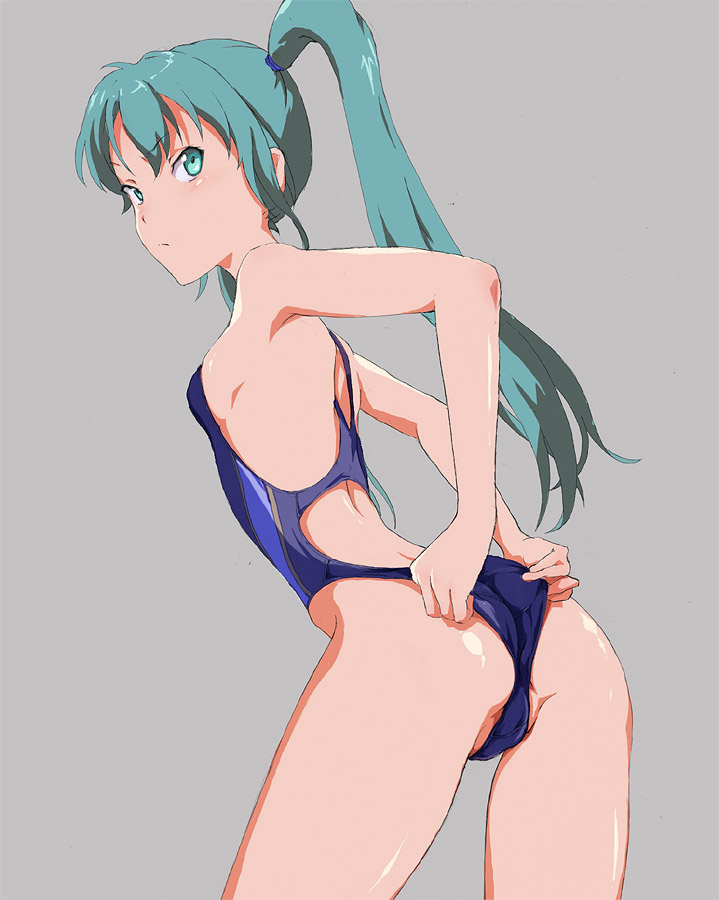 shiika sadamasa, hatsune miku, vocaloid, bad id, bad pixiv id, 1girl, adjusting clothes, adjusting swimsuit, aqua eyes, aqua hair, armpits, ass, bare shoulders, breasts, competition swimsuit, female focus, long hair, looking back, one-piece swimsuit, partially visible vulva, sideboob, simple background, small breasts, solo, swimsuit, tsurime, twintails, wedgie