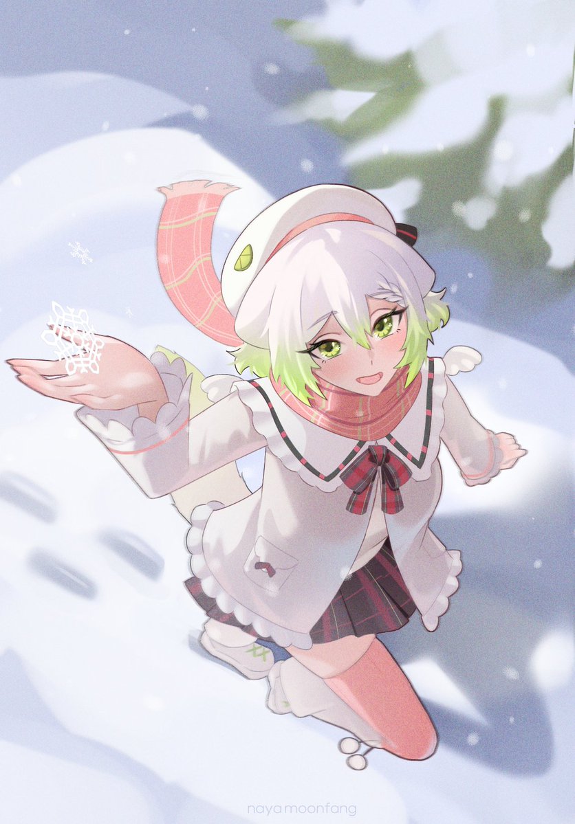 naya moonfang, laimu (vtuber), indie virtual youtuber, 1girl, animal ears, black skirt, braid, coat, ferret ears, ferret girl, ferret tail, green eyes, green hair, green tail, hat, looking up, multicolored tail, open mouth, pink scarf, pleated skirt, scarf, short hair, skirt, snow, snowflakes, tail, thighhighs, thighs, tree, virtual youtuber, white tail, winter, winter clothes