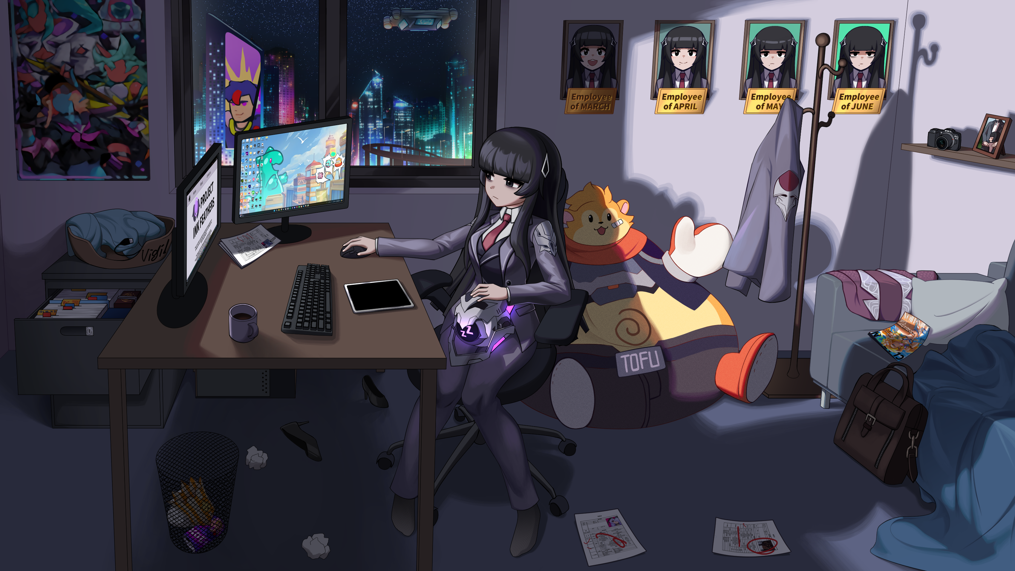 tsp, nao (omega strikers), omega strikers, absurdres, commission, highres, 1girl, bag, bags under eyes, black eyes, black hair, black socks, cabinet, camera, coat rack, coffee mug, computer keyboard, crumpled paper, cup, dot nose, english text, file cabinet, formal clothes, handbag, high heels, hime cut, indoors, jacket, magazine (object), monitor, mug, necktie, portrait (object), poster (object), red necktie, shadow, socks, suit, suit jacket, table, tablet pc, trash can, vigil (omega strikers), wicker basket, wide shot