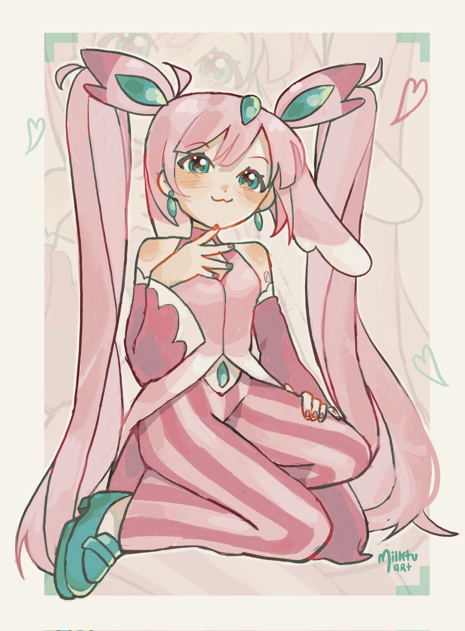 milktuart, hatsune miku, lurantis, nintendo, pokemon, vocaloid, highres, 1girl, :3, alternate hair color, antennae, border, cosplay, detached sleeves, earrings, full body, gen 7 pokemon, green eyes, green shoes, jewelry, kneeling, looking at viewer, lurantis (cosplay), pants, pink background, pink hair, pink nails, pink pants, pink shirt, pink sleeves, shirt, shoes, simple background, solo, striped clothes, striped pants, twintails, white border