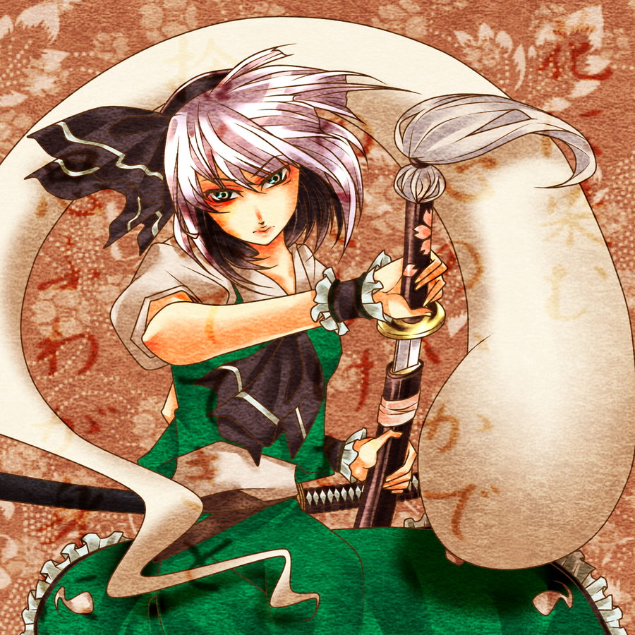 discharge cycle, tobi (discharge cycle), konpaku youmu, konpaku youmu (ghost), touhou, silver hair, 1girl, blue eyes, female focus, ghost, hairband, katana, sheath, short hair, solo, sword, unsheathing, weapon